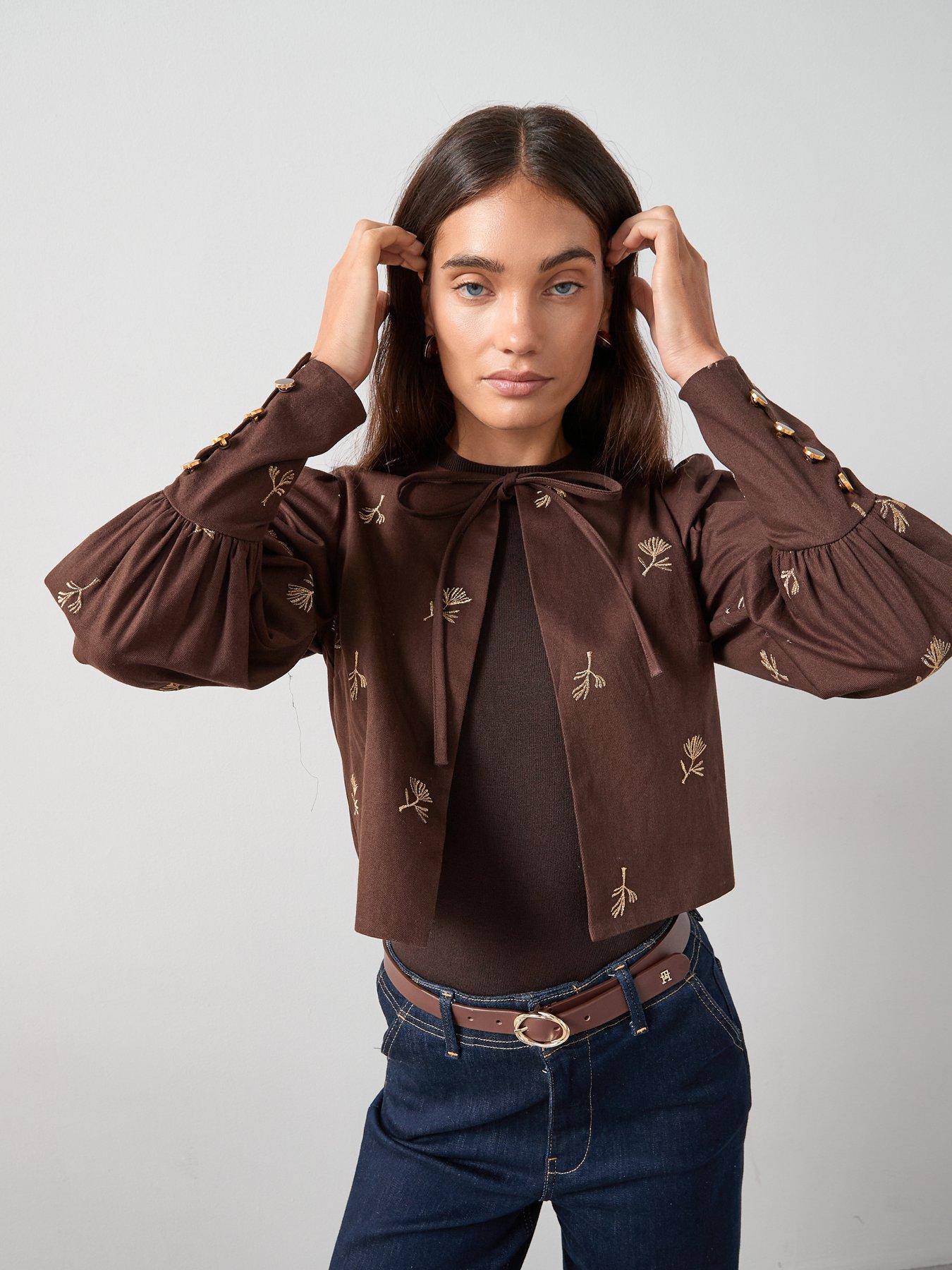 Image 5 of 6 of The Very Collection Embroidered Puff Sleeve Jacket - Brown