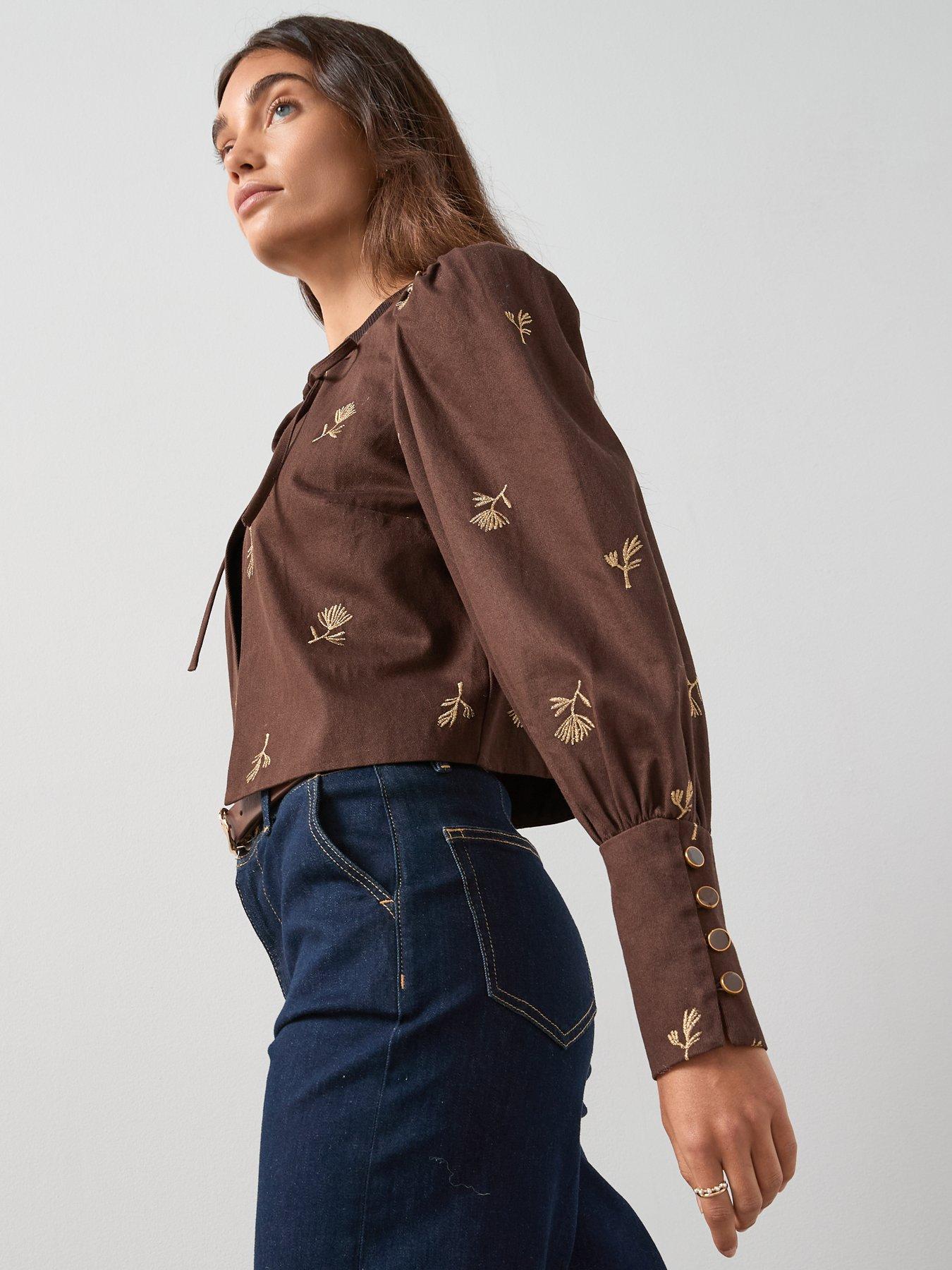 Image 6 of 6 of The Very Collection Embroidered Puff Sleeve Jacket - Brown