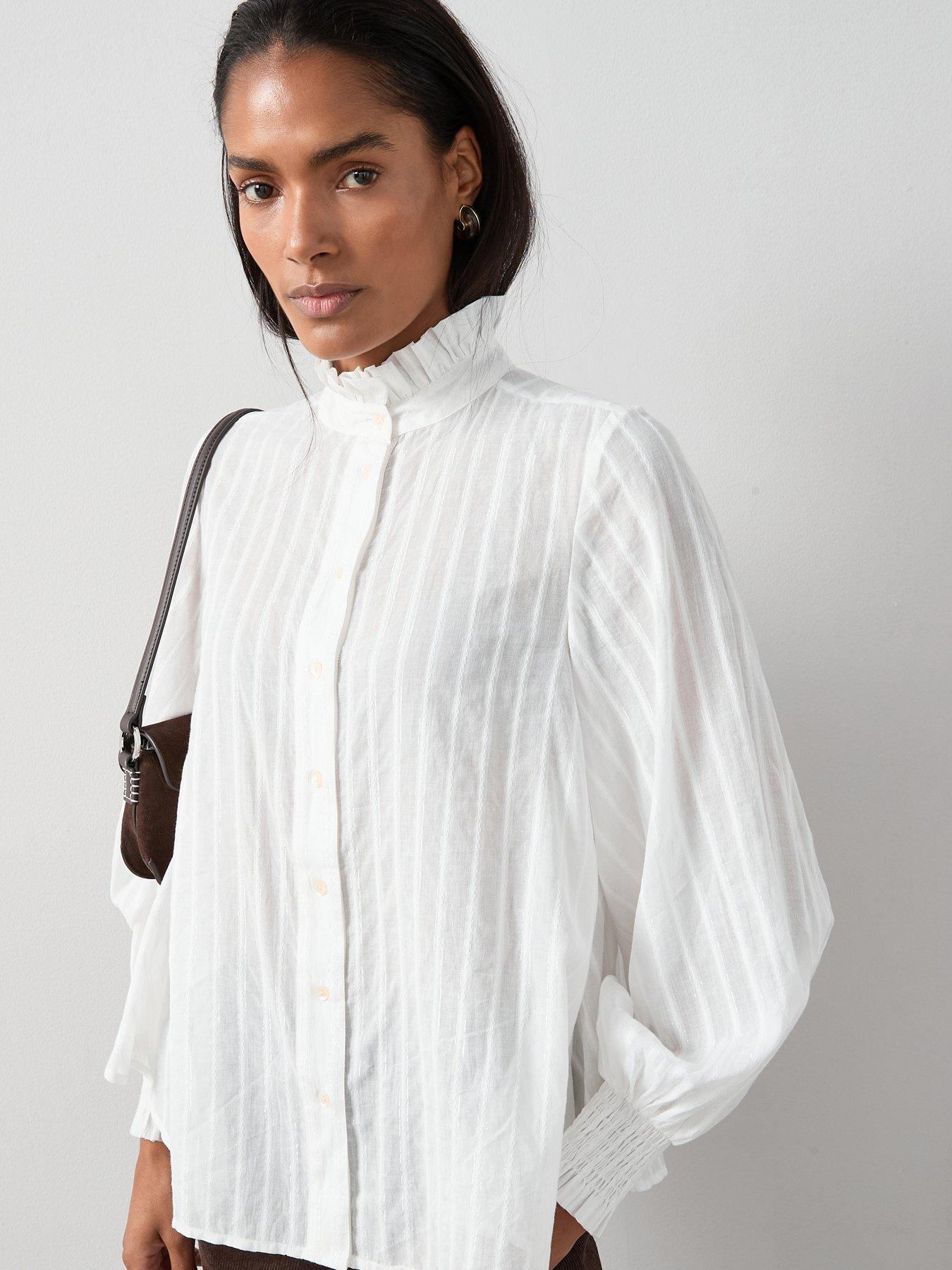 Image 6 of 6 of The Very Collection Frill High Neck Detail Button Up Shirt - White