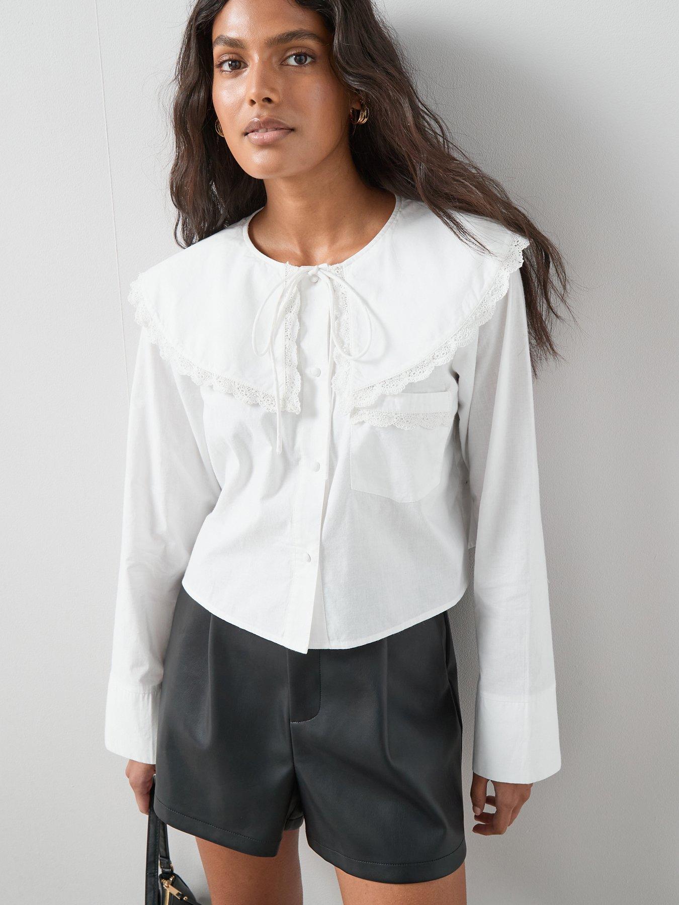 undefined Collar Detail Broderie Trim Shirt - White