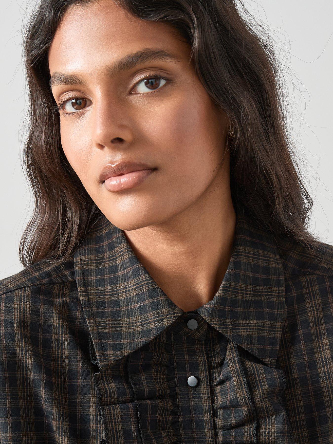 Image 4 of 7 of The Very Collection Collared Ruffle Detail Checked Shirt