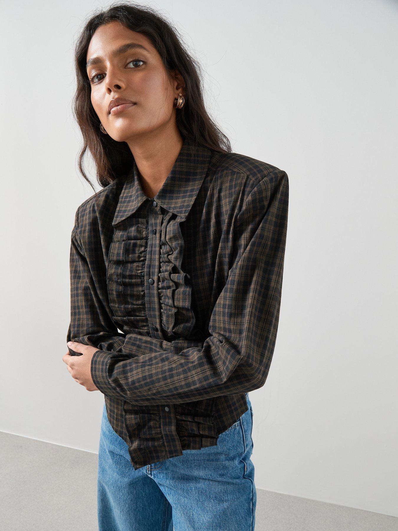 Image 6 of 7 of The Very Collection Collared Ruffle Detail Checked Shirt