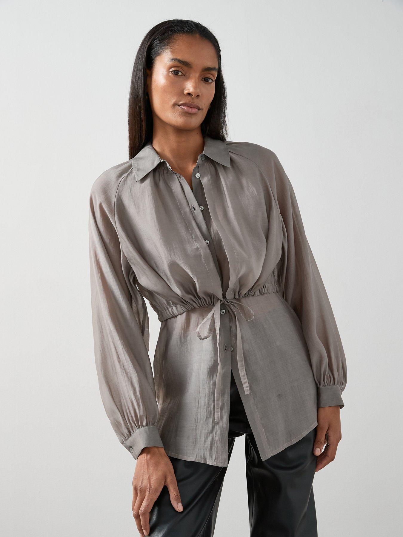 undefined Drawstring Button Up Woven Blouse - Grey