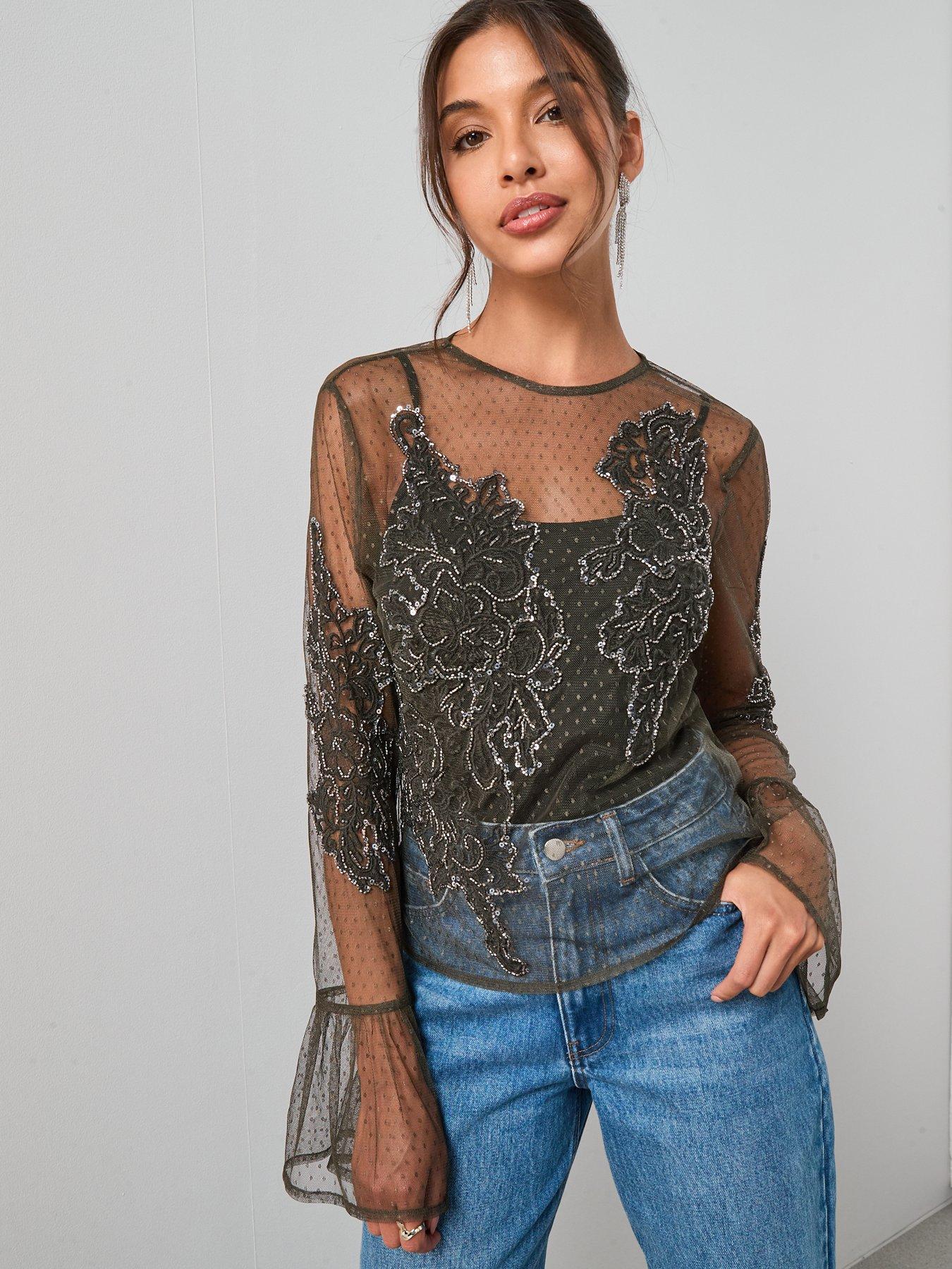 The Very Collection Embellished Broderie Detail Mesh Tie Blouse - Green
