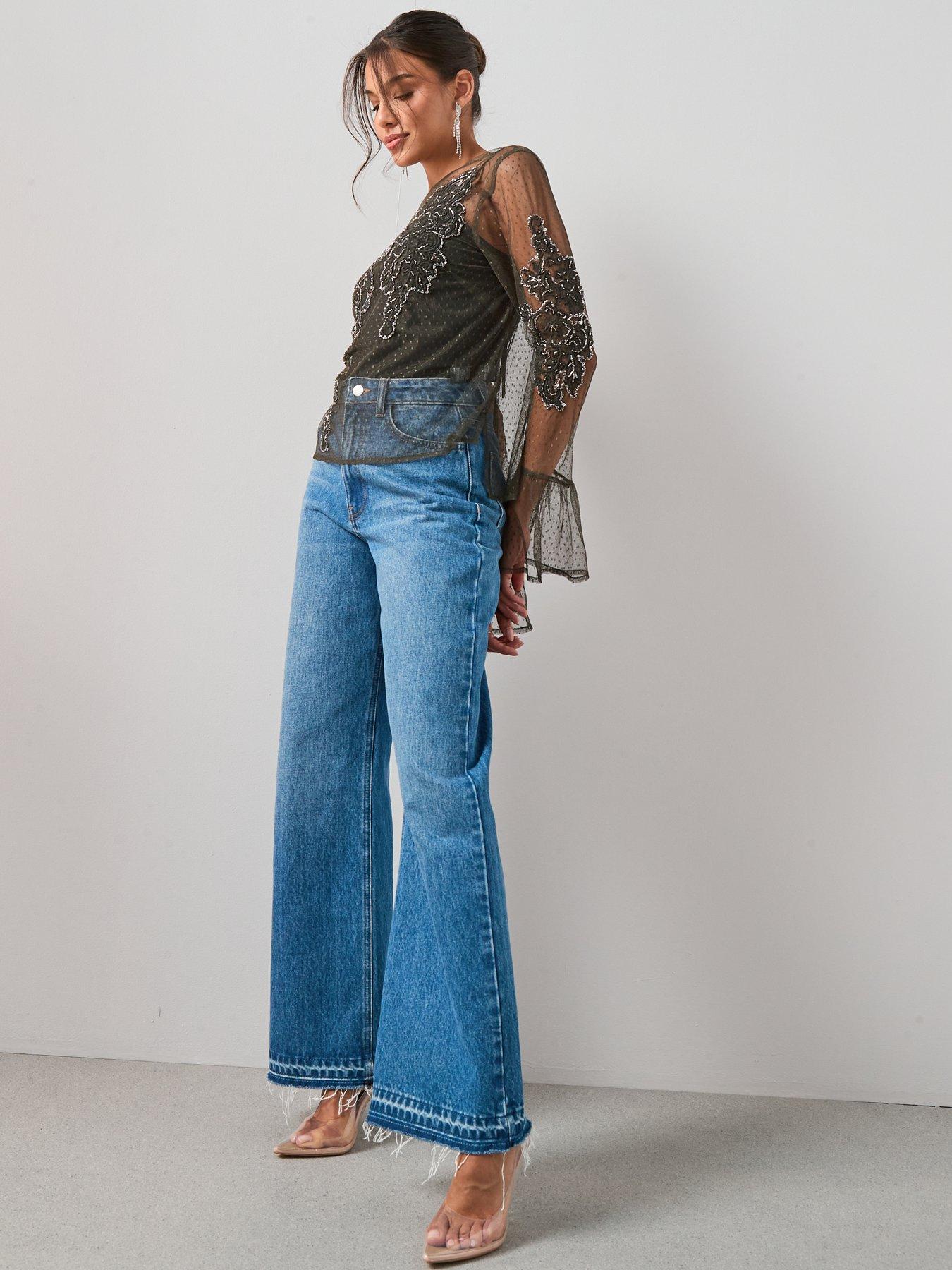 Image 2 of 6 of The Very Collection Embellished Broderie Detail Mesh Tie Blouse - Green