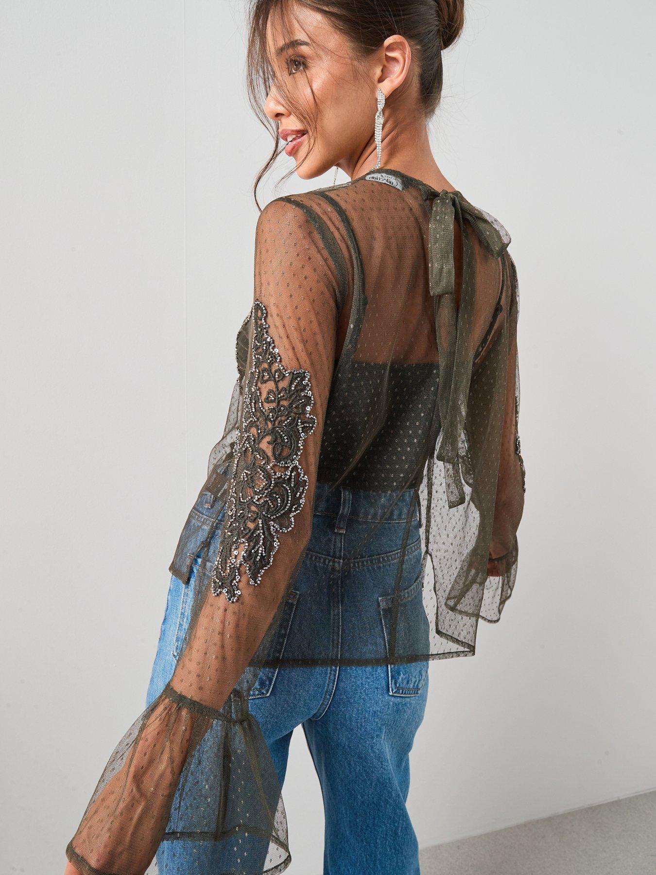 Image 3 of 6 of The Very Collection Embellished Broderie Detail Mesh Tie Blouse - Green