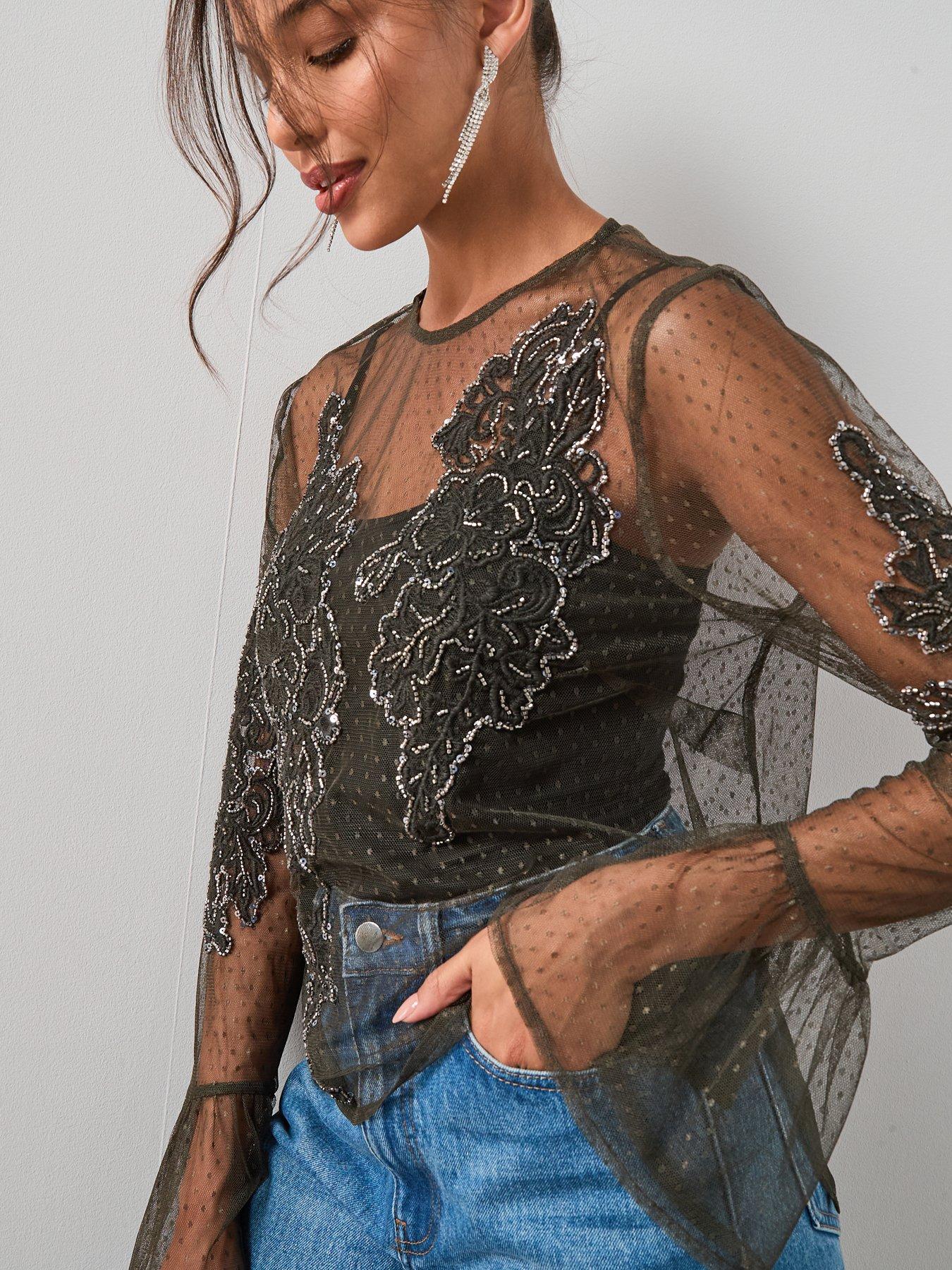 Image 4 of 6 of The Very Collection Embellished Broderie Detail Mesh Tie Blouse - Green