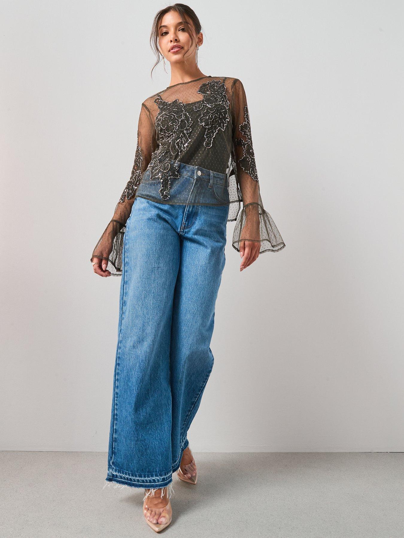 Image 5 of 6 of The Very Collection Embellished Broderie Detail Mesh Tie Blouse - Green