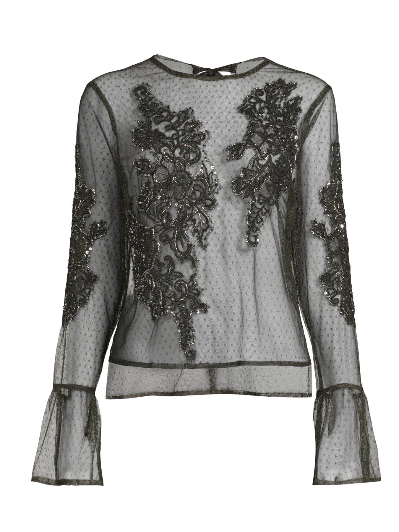 Image 6 of 6 of The Very Collection Embellished Broderie Detail Mesh Tie Blouse - Green