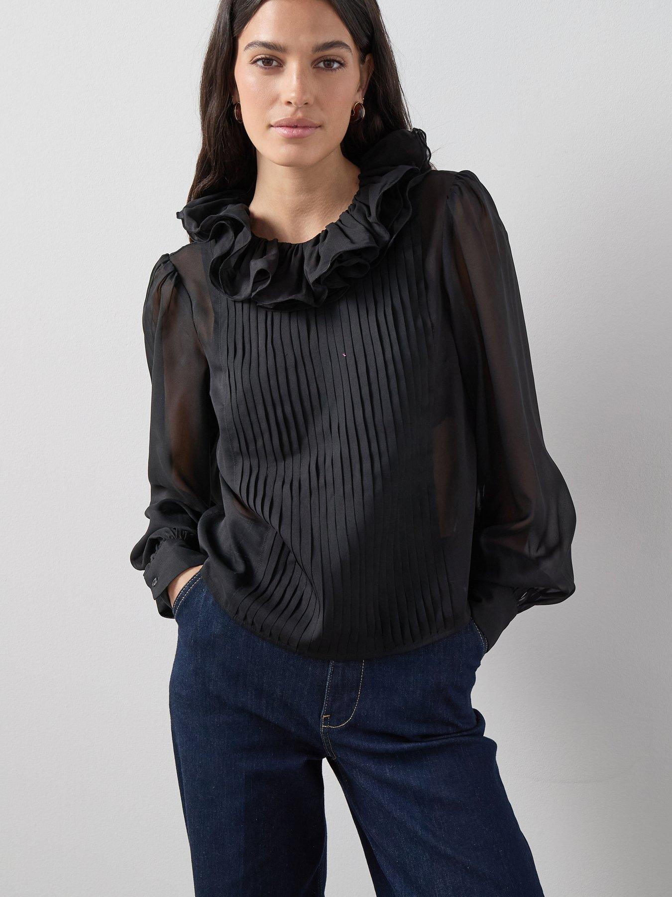  image of the-very-collection-pleated-ruffle-detail-neck-blouse-black