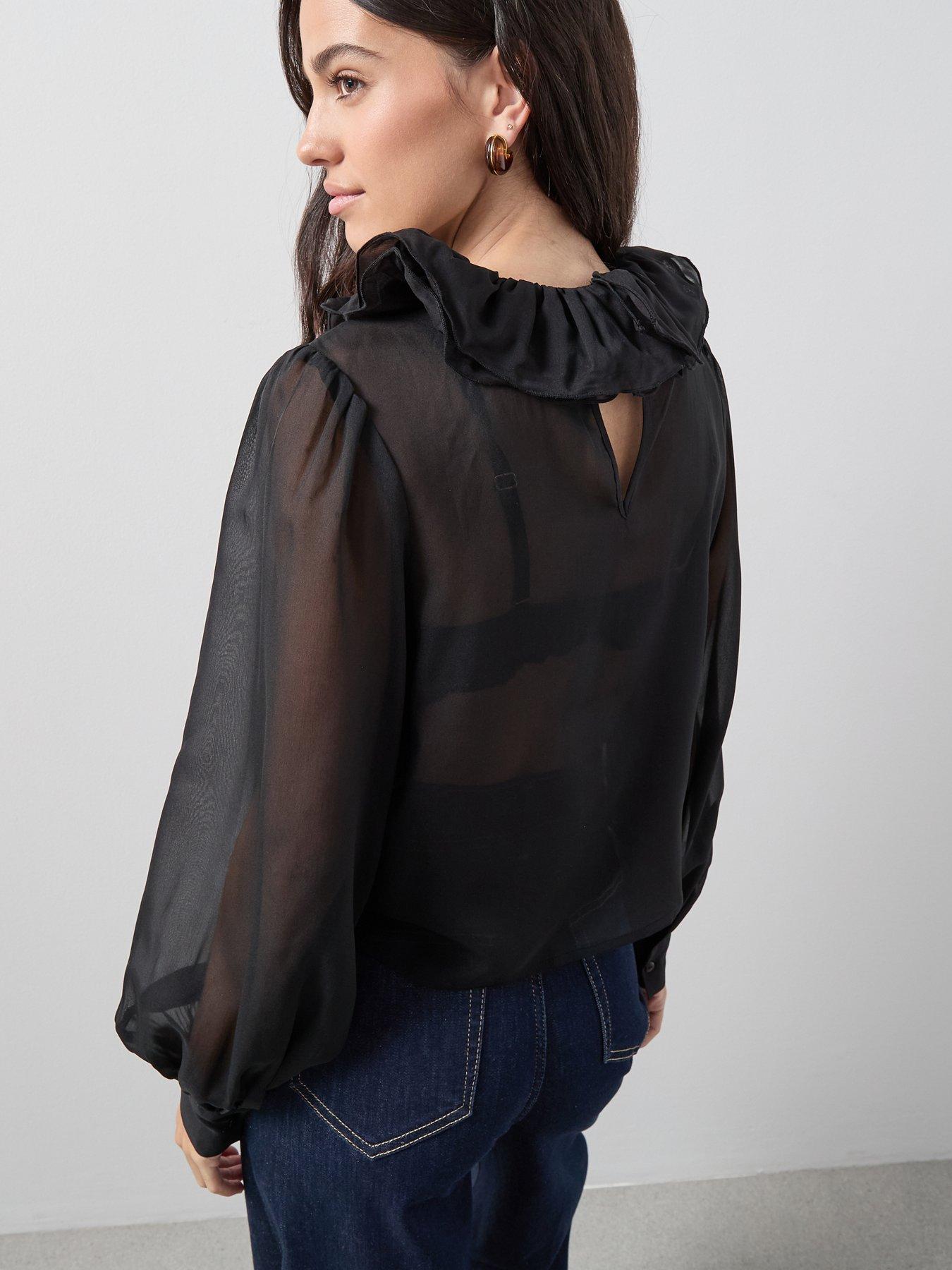  image of the-very-collection-pleated-ruffle-detail-neck-blouse-black