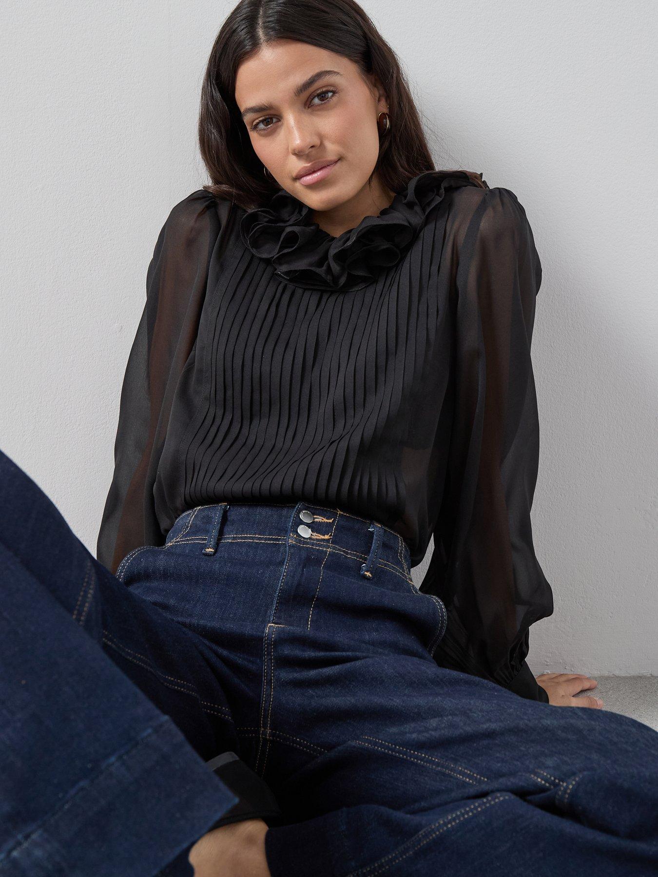  image of the-very-collection-pleated-ruffle-detail-neck-blouse-black