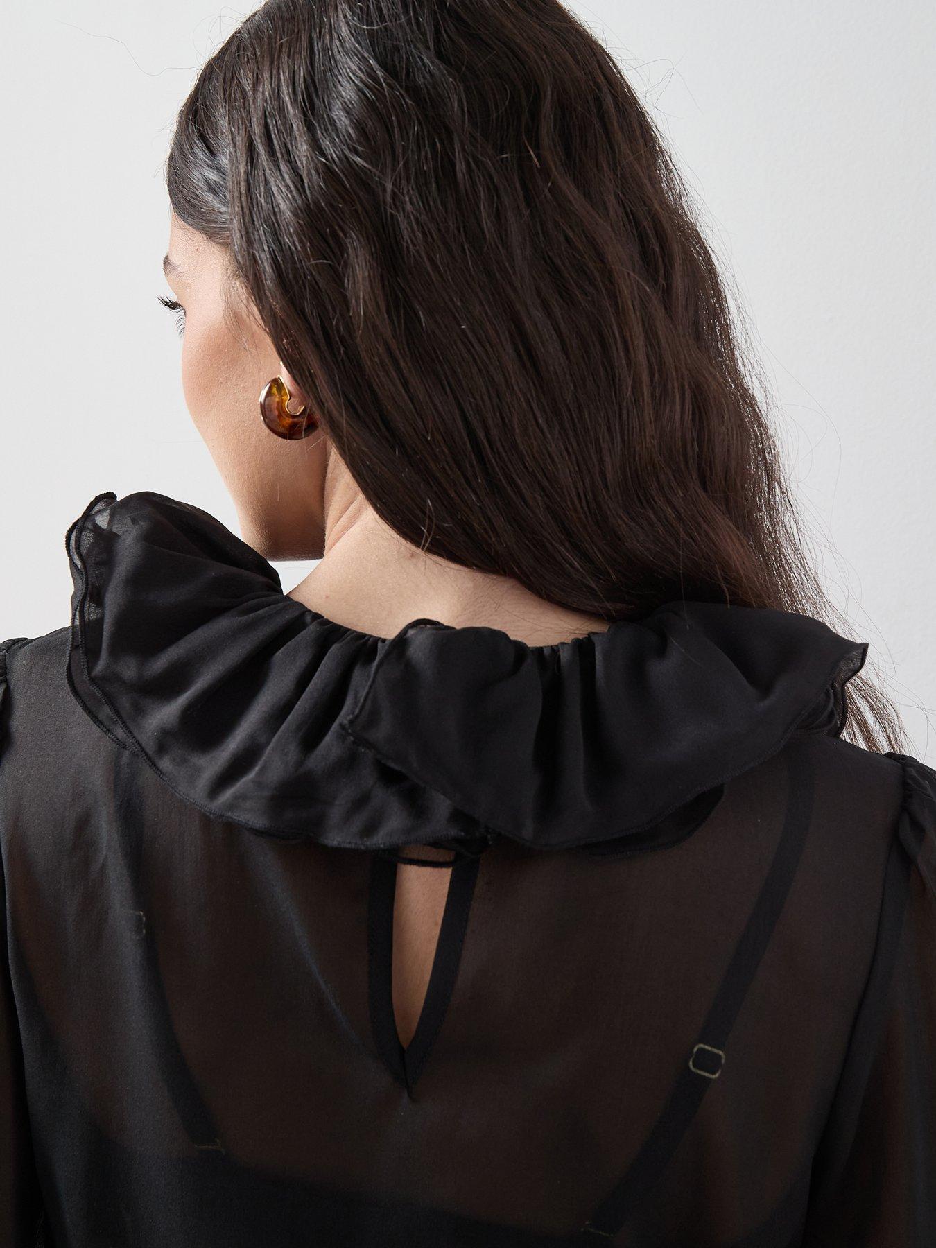  image of the-very-collection-pleated-ruffle-detail-neck-blouse-black