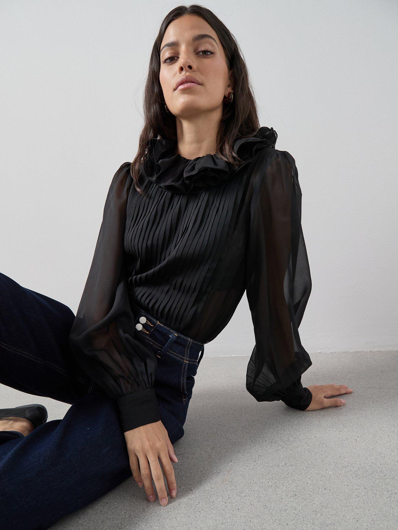  image of the-very-collection-pleated-ruffle-detail-neck-blouse-black