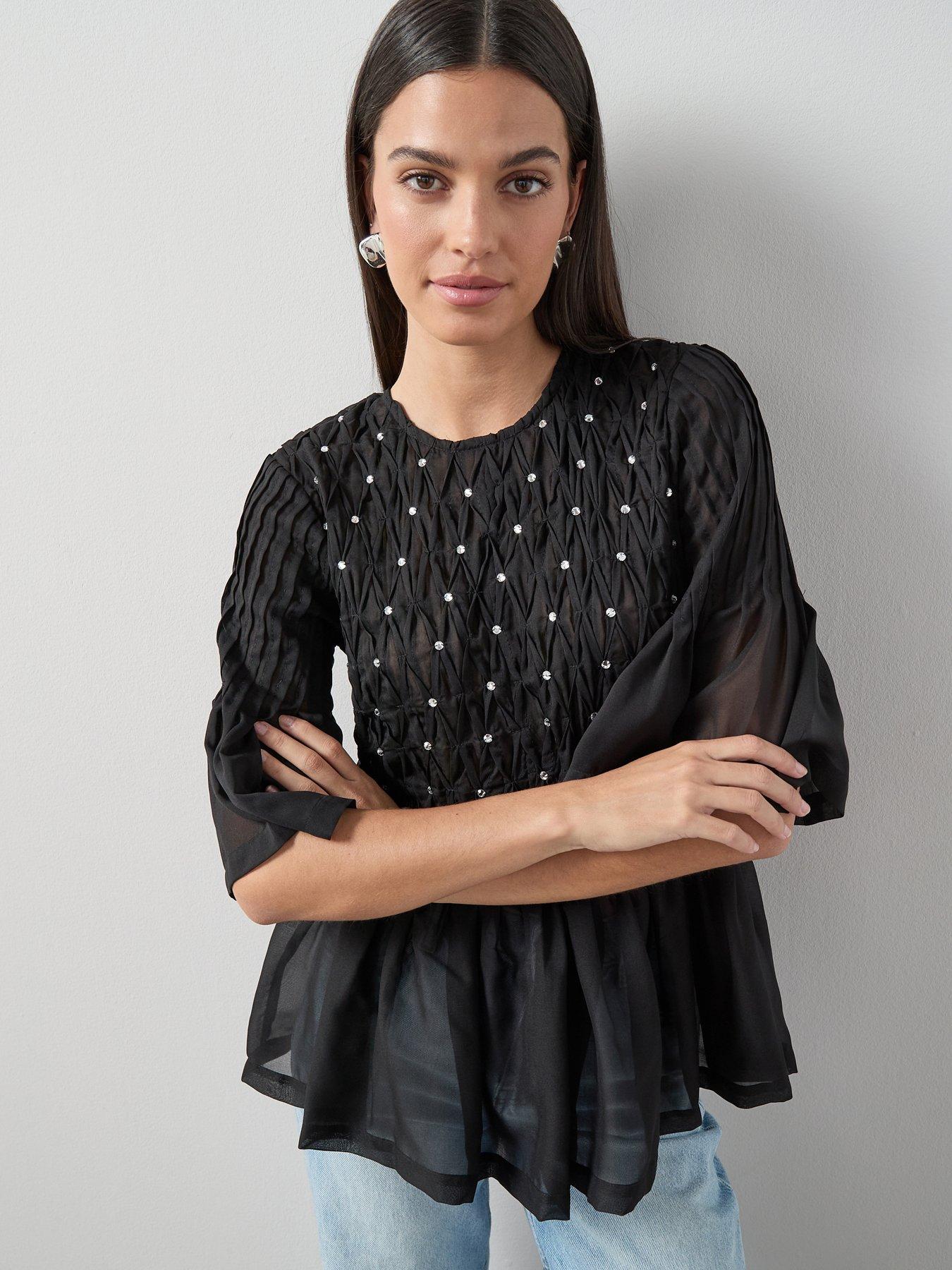 Image 1 of 7 of The Very Collection Embellished Peplum Top - Black