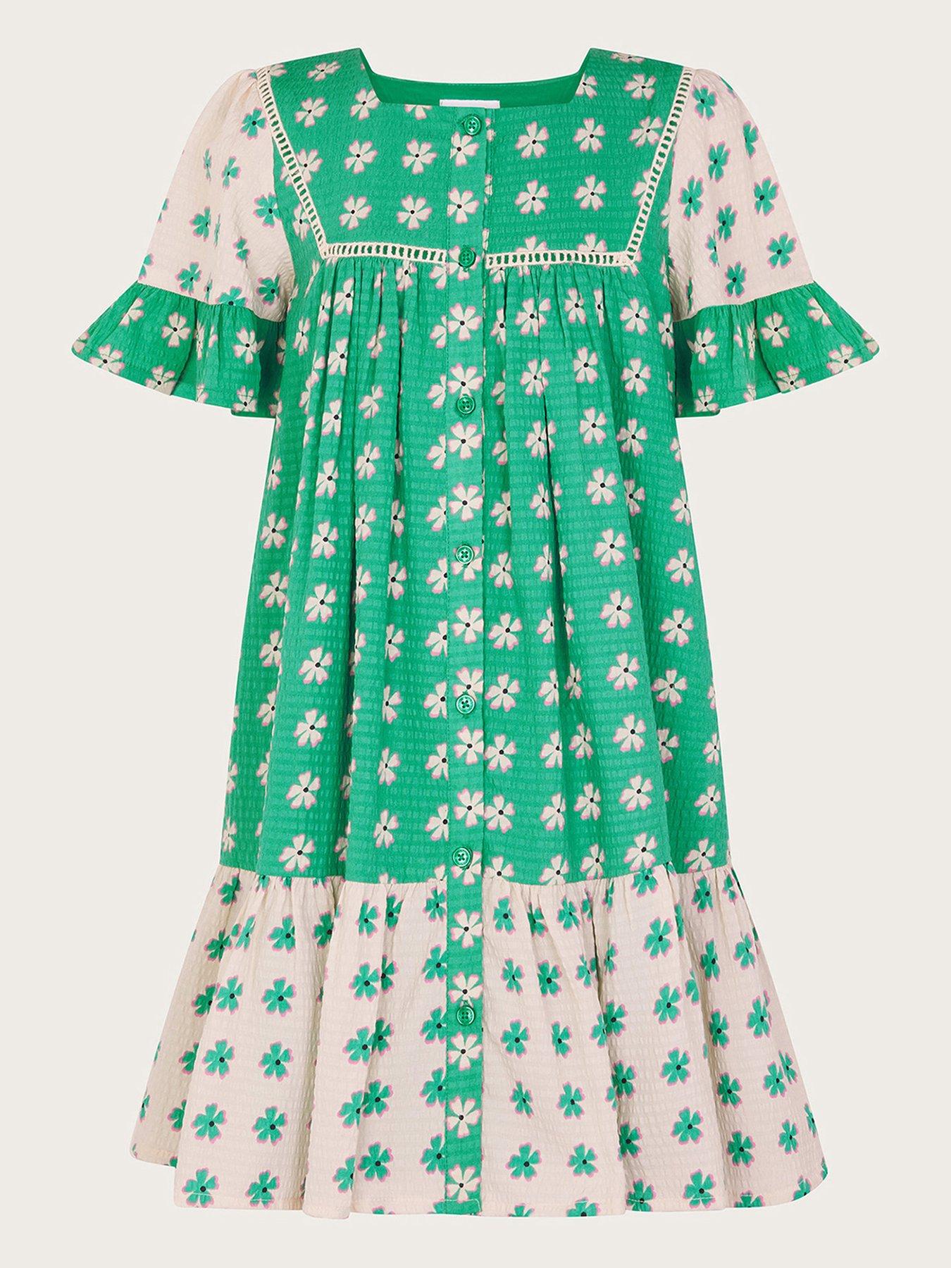 undefined Girls Floral Colourblock Swing Dress - Green