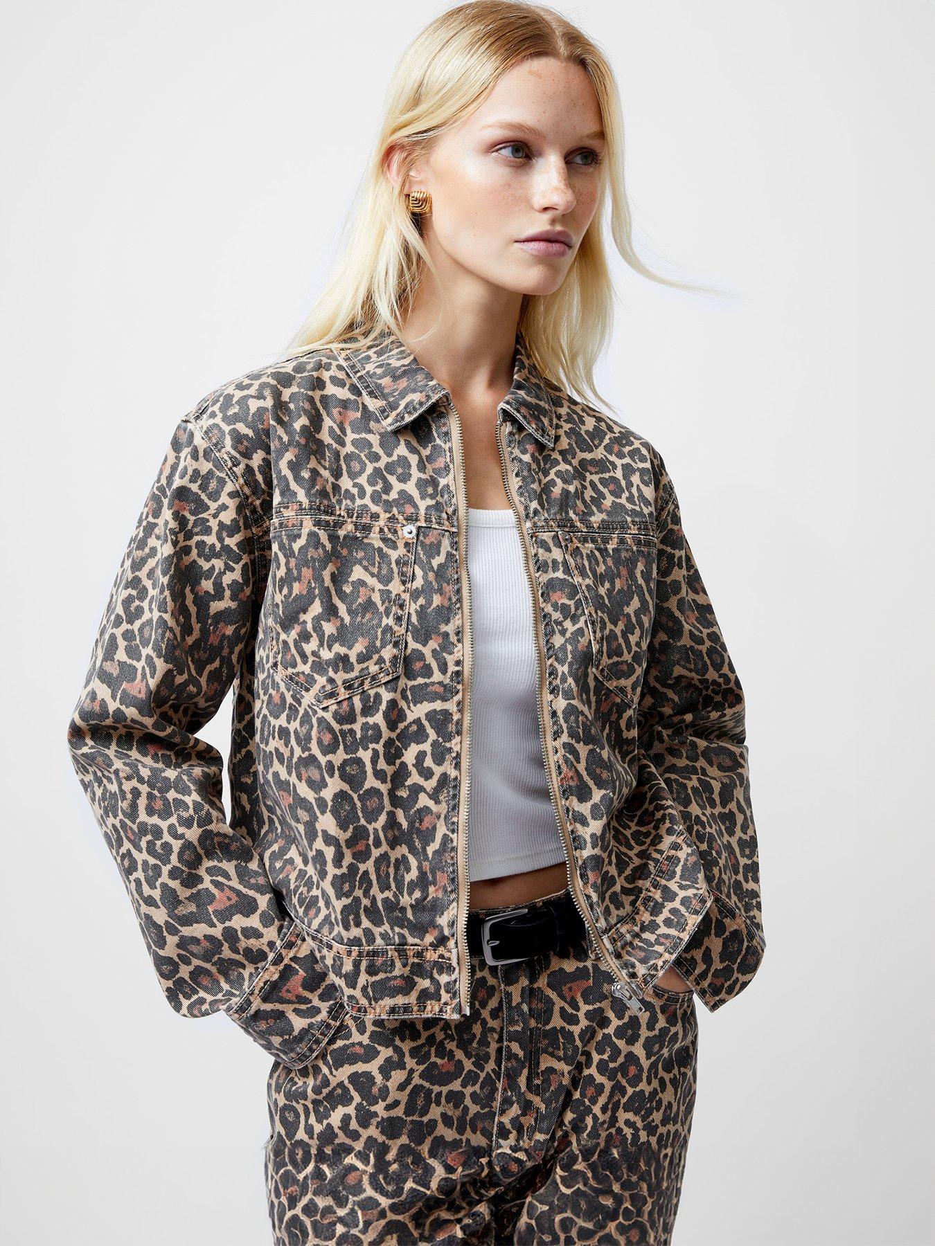 undefined Cotton Leopard Print Zip-up Denim Jacket