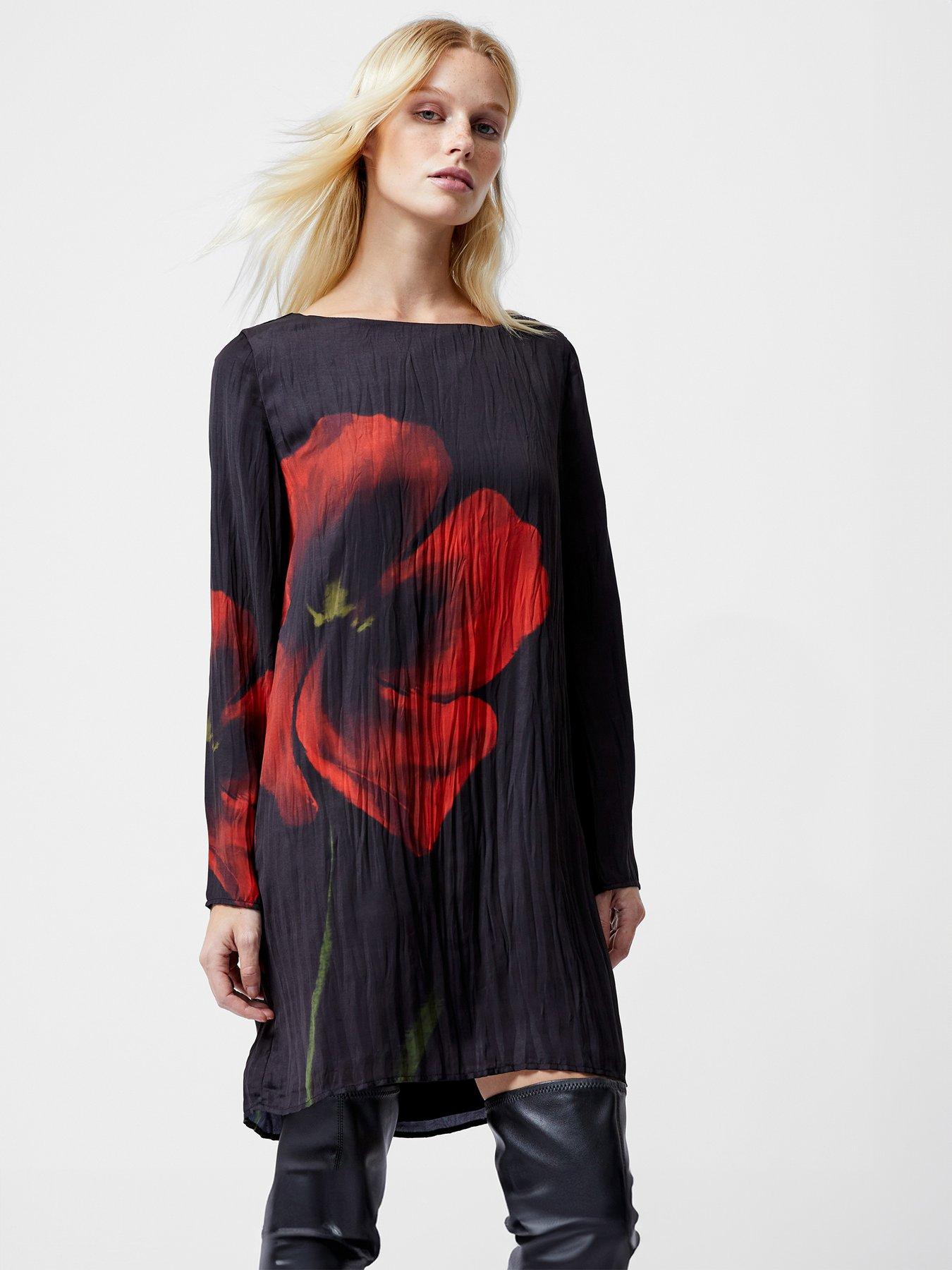 undefined Oversized Long Sleeve Chiffon Floral Mini Dress