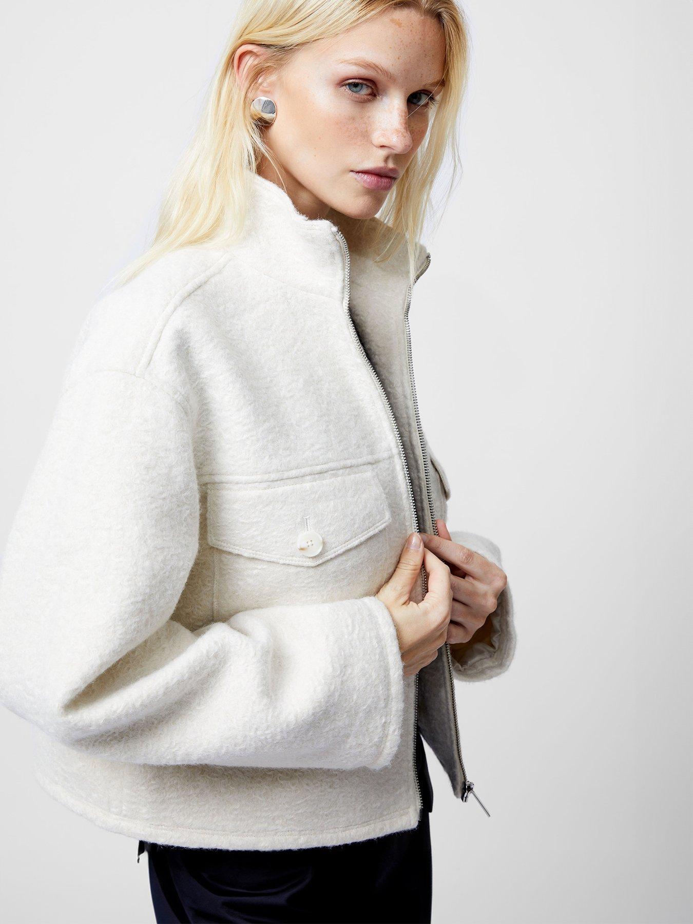 undefined Boucle High Neck Zip Up Jacket - Cream