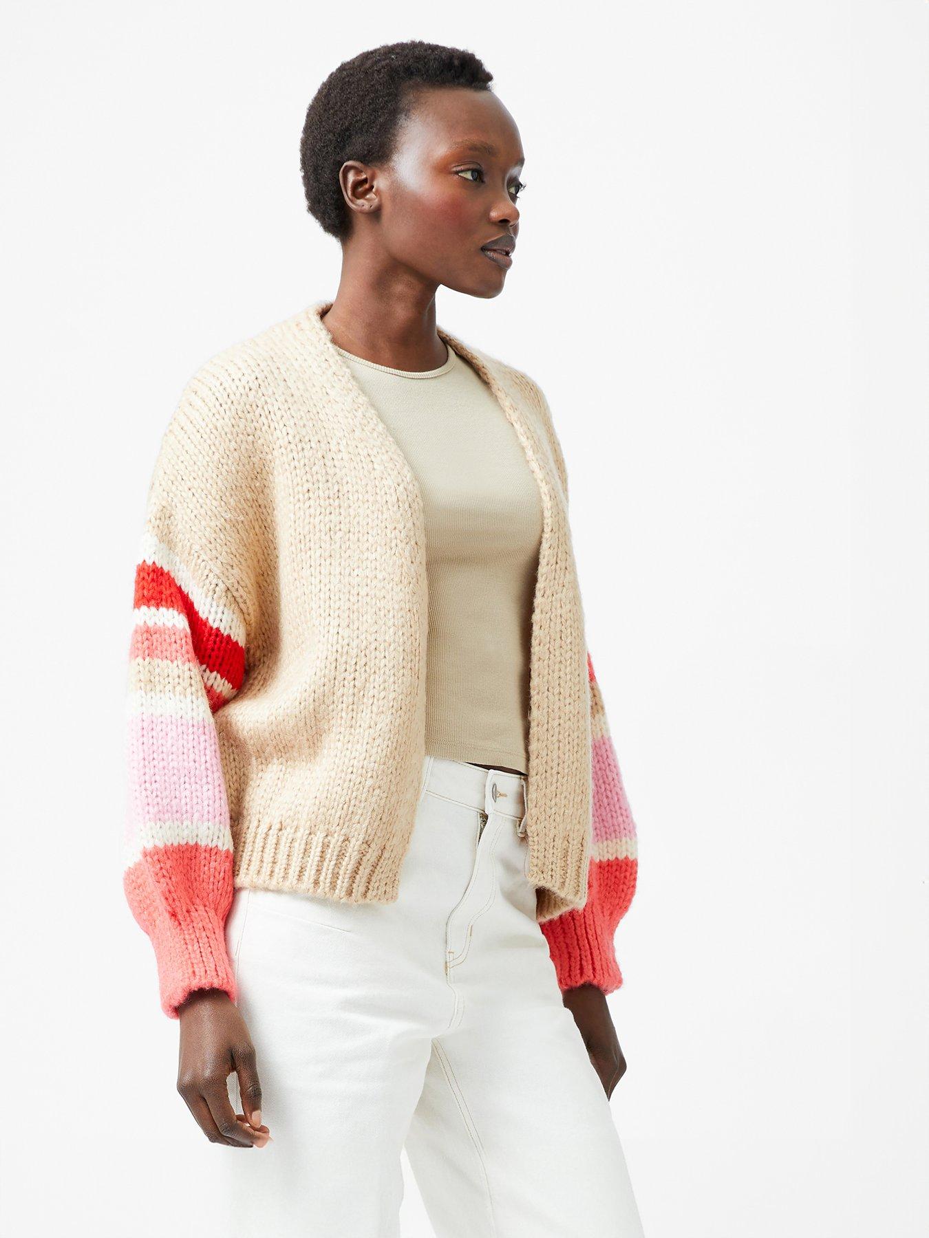 french-connection-v-neck-long-sleeve-striped-open-knit-cardigan-beige