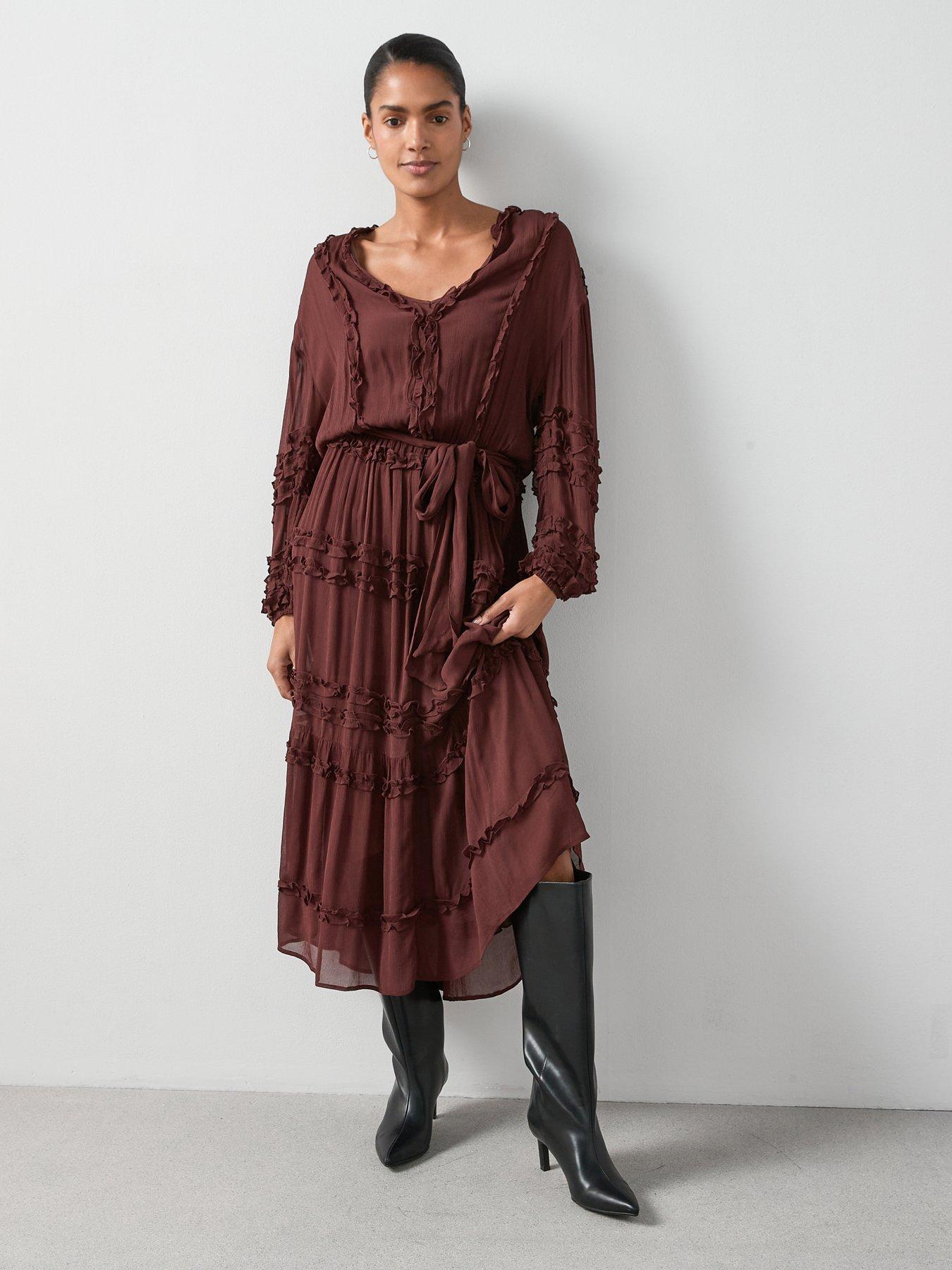 undefined Ruffle Tie Waist Sheer Midi Dress - Brown