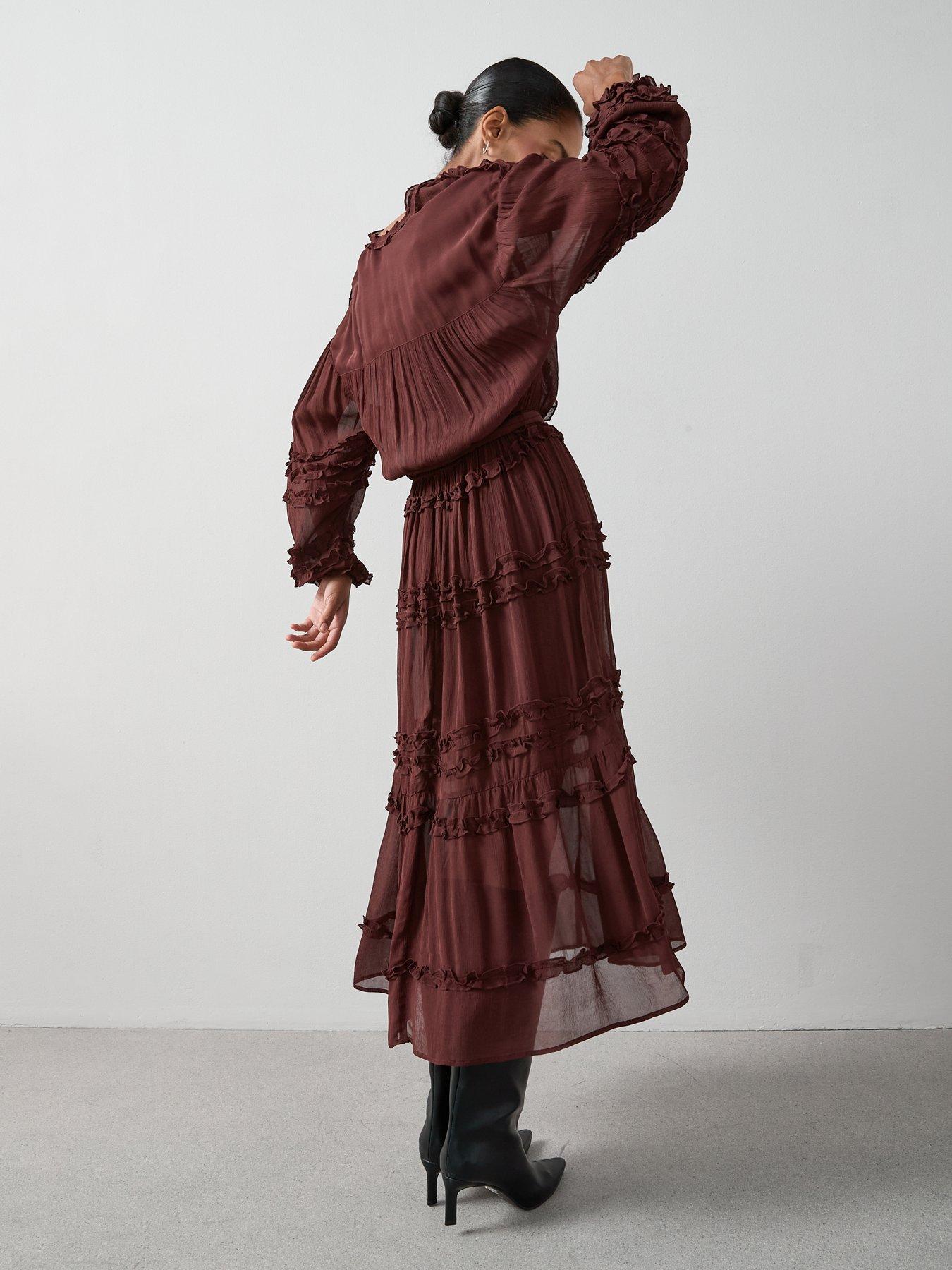 Image 2 of 6 of The Very Collection Ruffle Tie Waist Sheer Midi Dress - Brown