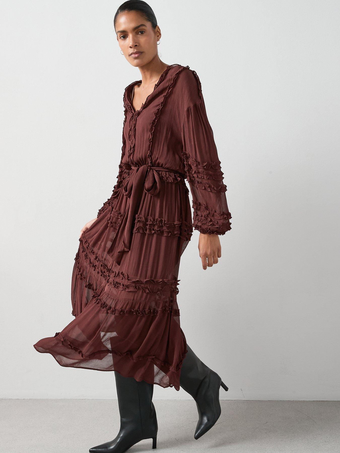 Image 4 of 6 of The Very Collection Ruffle Tie Waist Sheer Midi Dress - Brown