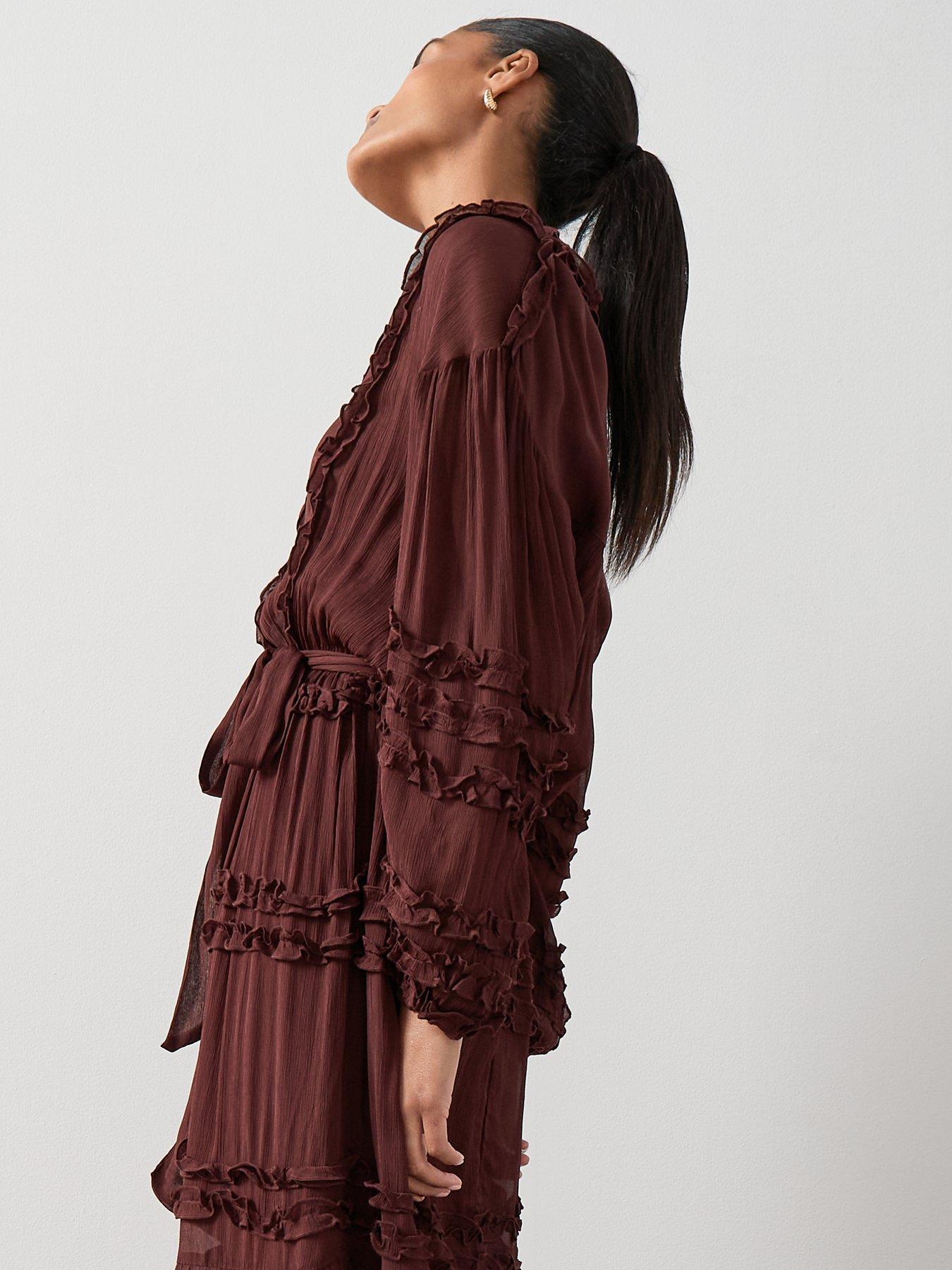 Image 6 of 6 of The Very Collection Ruffle Tie Waist Sheer Midi Dress - Brown