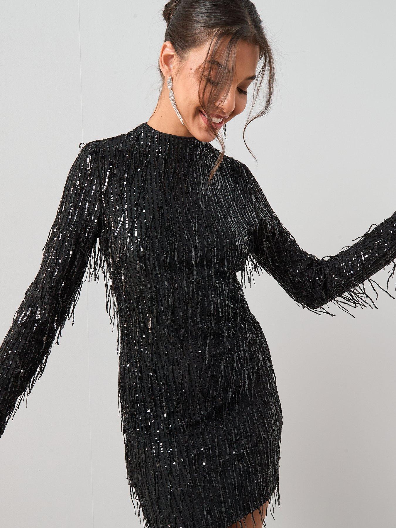 Image 5 of 6 of The Very Collection Fringed Sequin Long Sleeve Mini Dress - Black