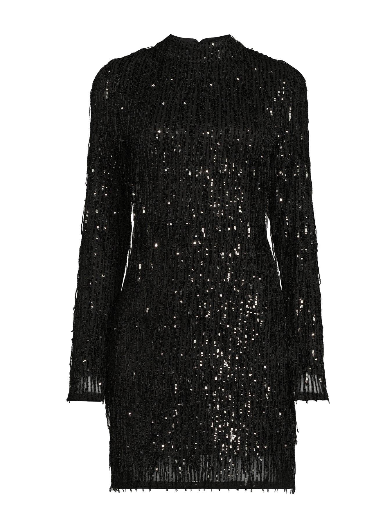 Image 6 of 6 of The Very Collection Fringed Sequin Long Sleeve Mini Dress - Black