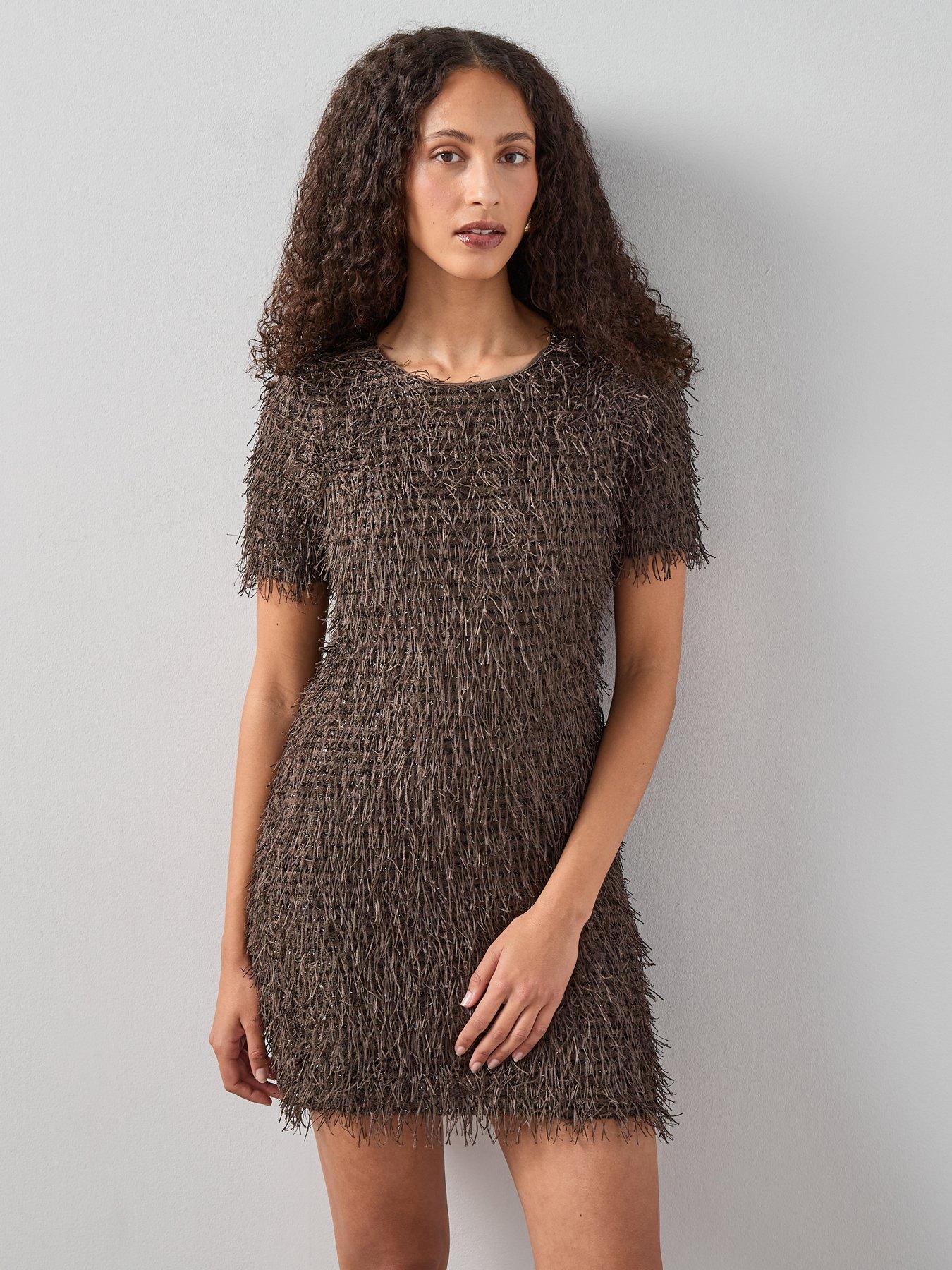 The Very Collection Fringed Mini Shift Dress - Brown