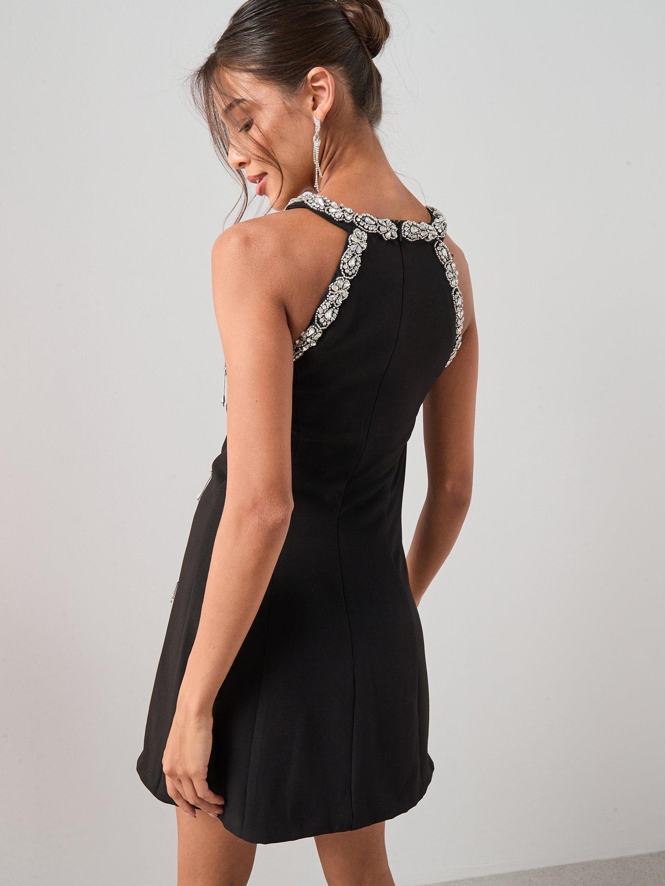 back image of the-very-collection-high-neck-halter-embellished-mini-dress-black