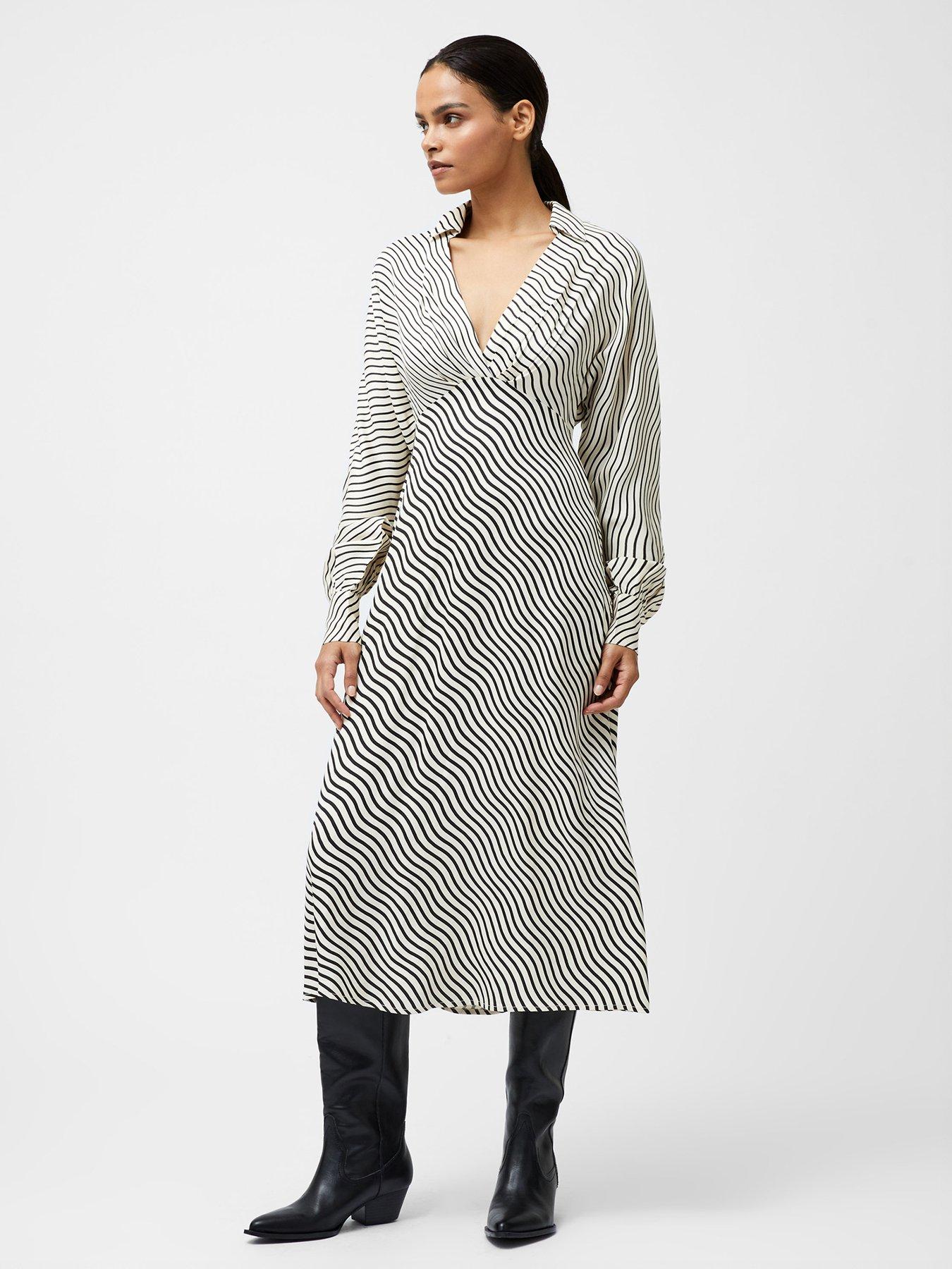 undefined Long Sleeve Striped Satin V-neck Collar Midi Dress - Black