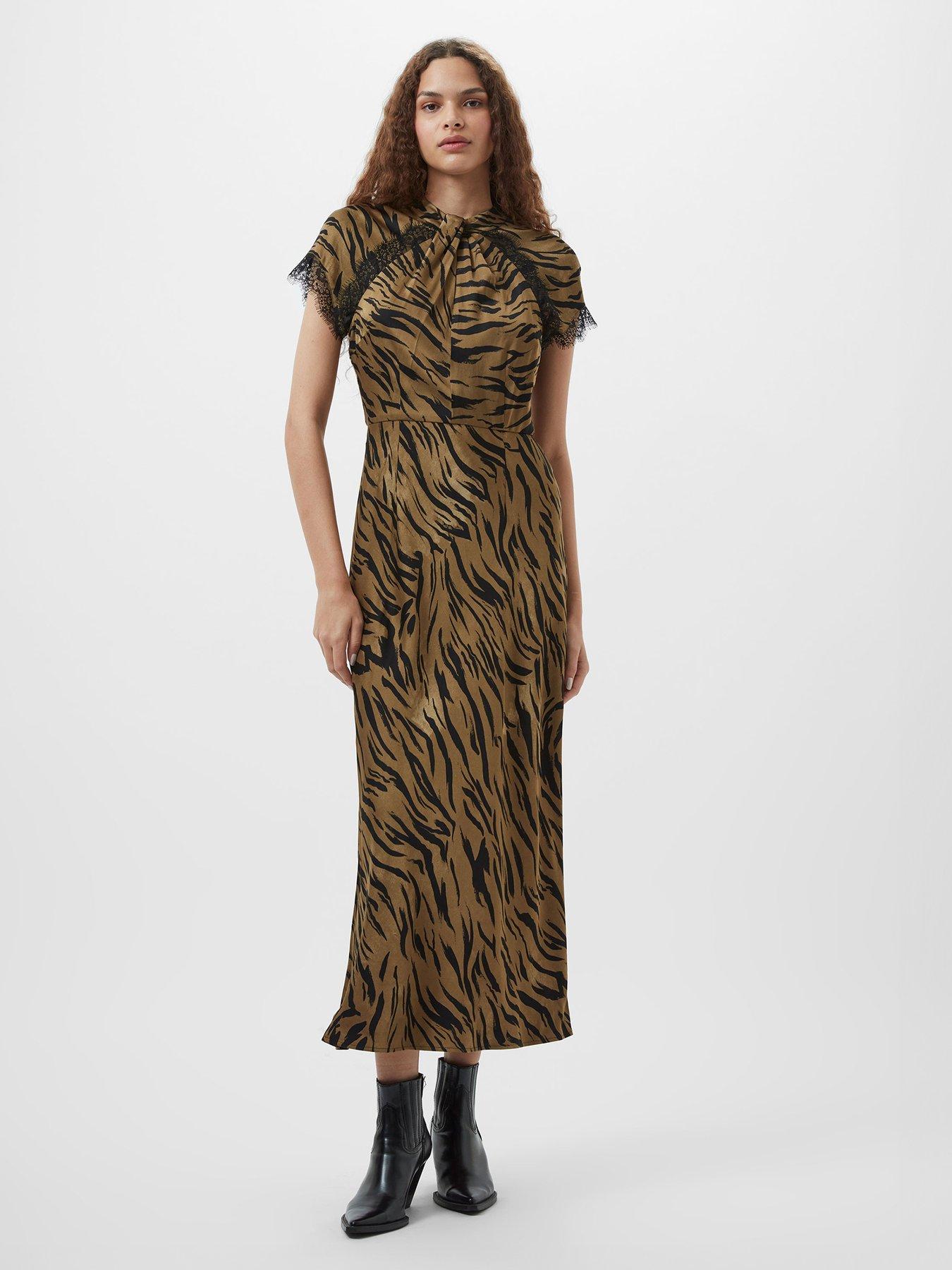 undefined Animal Print Satin Lace Short Sleeve Midi Dress