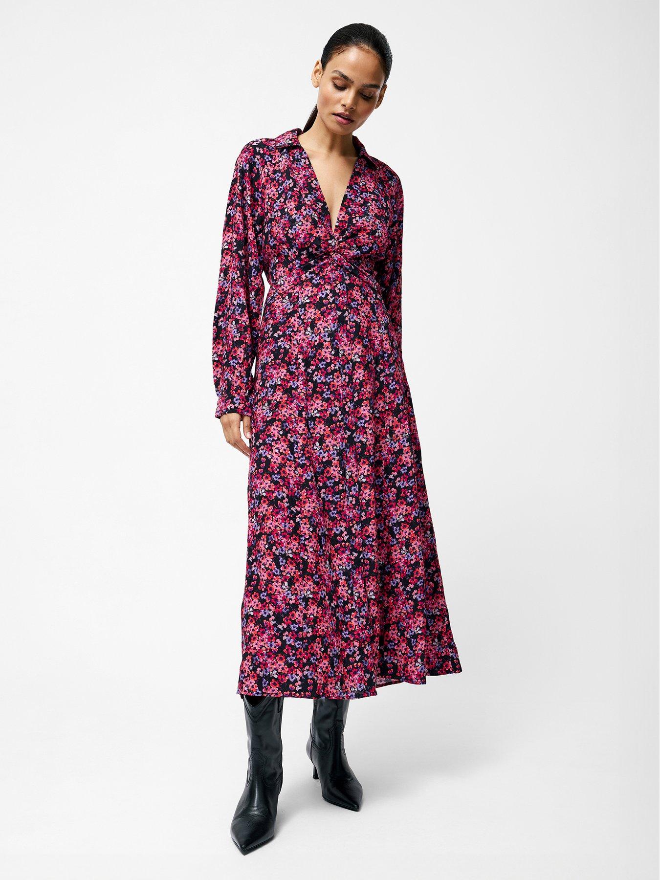 french-connection-long-sleeve-floral-v-neck-collar-midi-dress