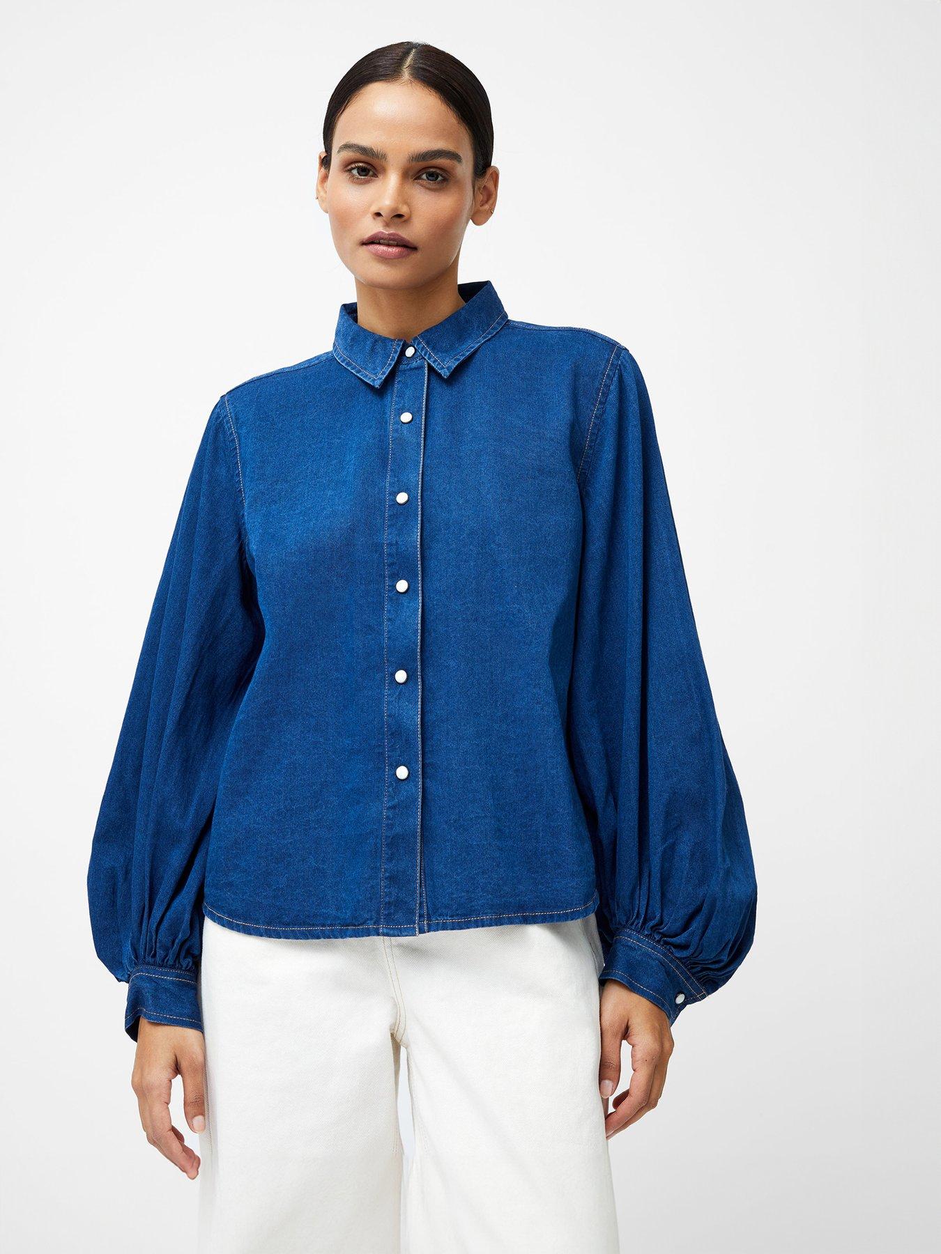 undefined Cotton Chambray Balloon Sleeve Relaxed Fit Button Up Shirt
