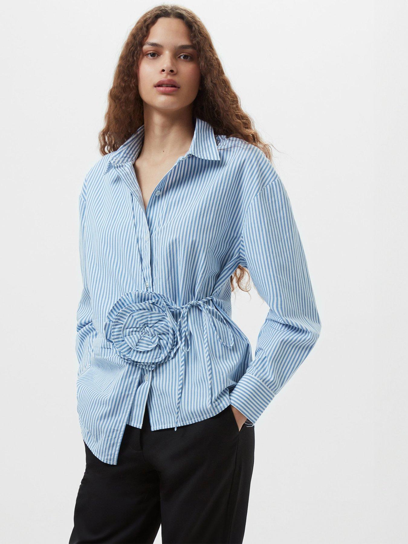  image of french-connection-cotton-striped-button-up-shirt-with-floral-design-waist-tie