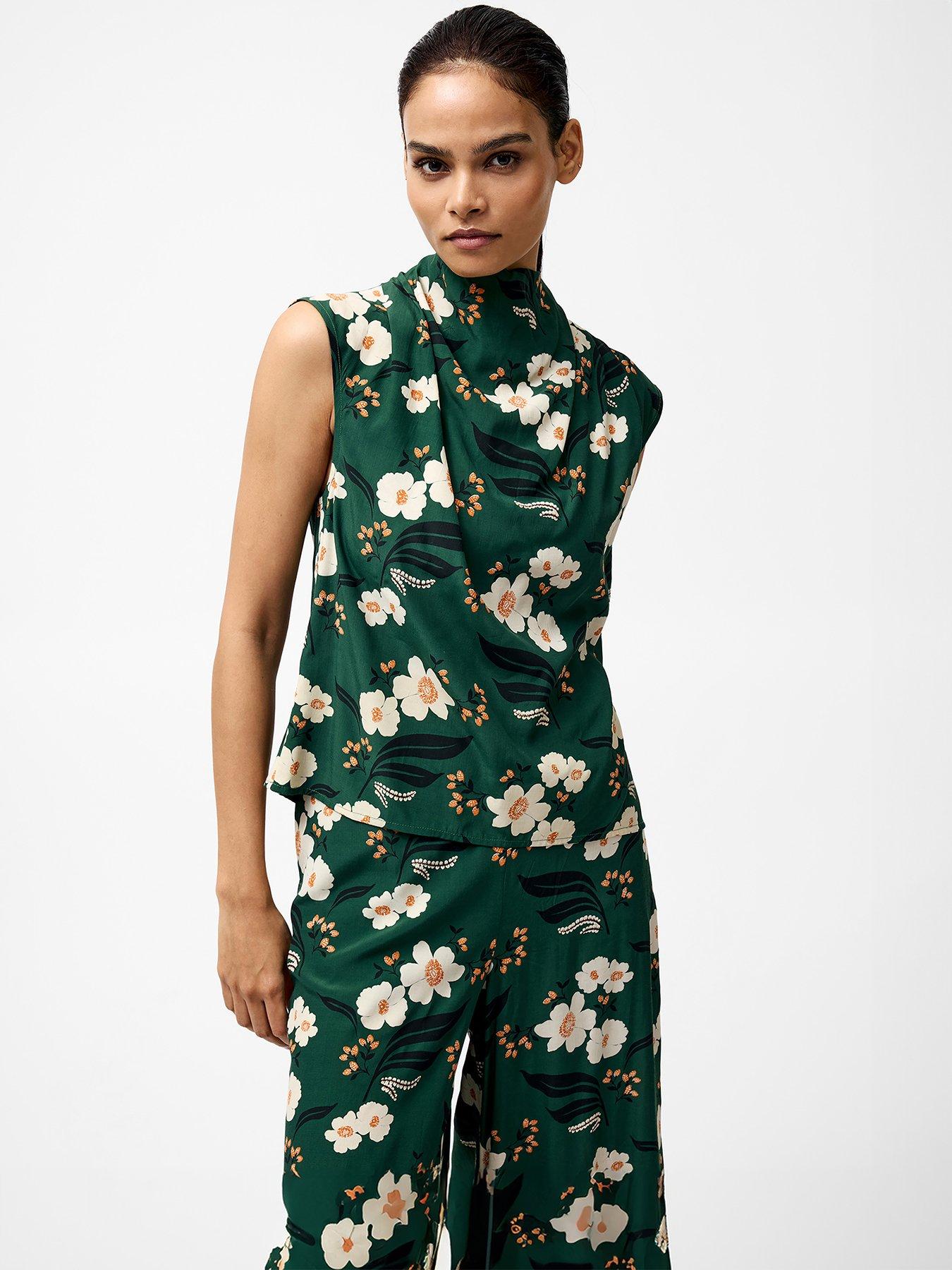 undefined Floral Print High Neck Sleeveless Draped Top