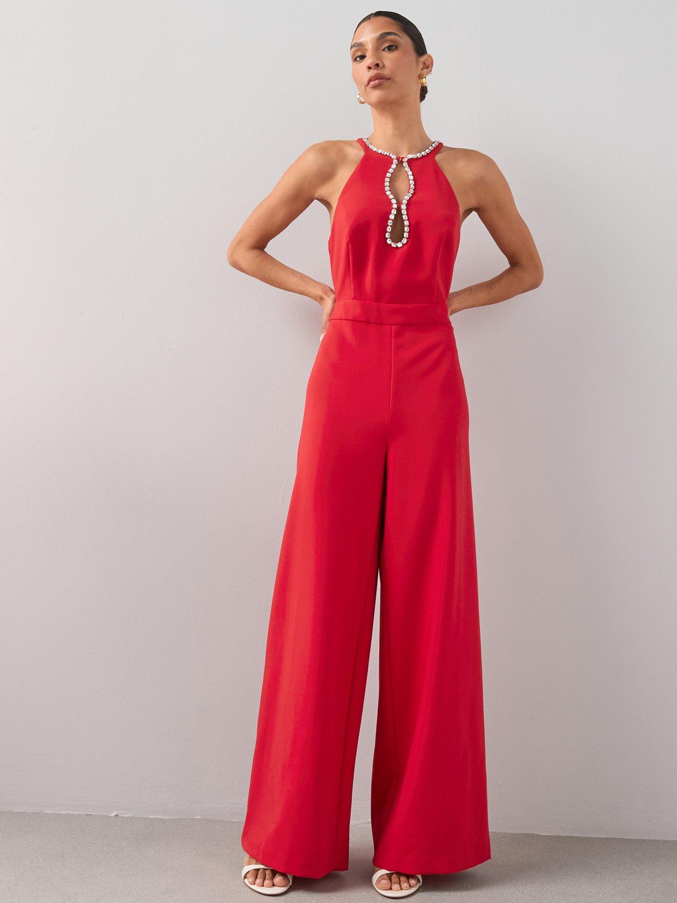 The Very Collection Gem Embellished Halter Jumpsuit - Red