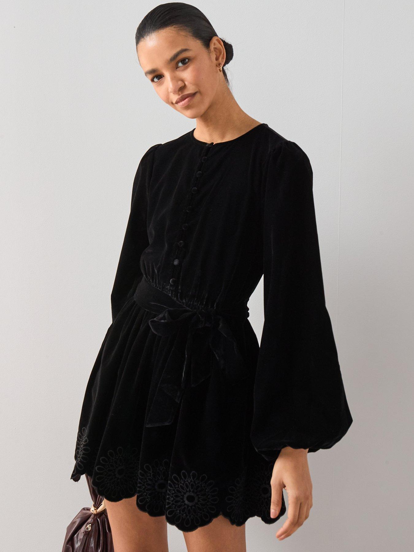 undefined Velvet Tie Waist Cutwork Mini Dress - Black