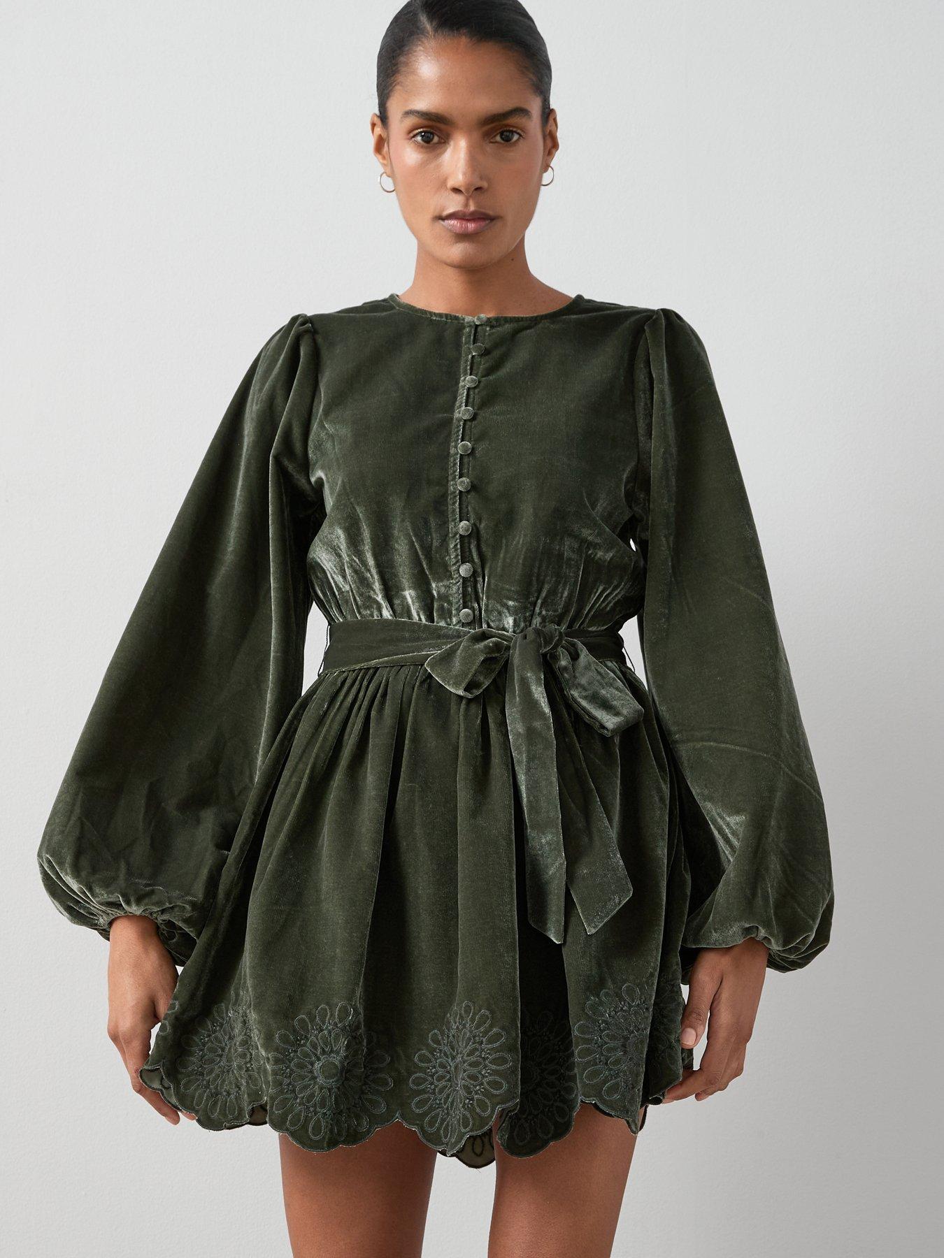 undefined Velvet Tie Waist Cutwork Mini Dress - Green