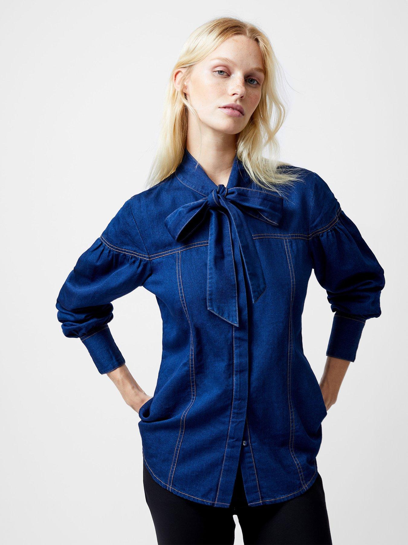 undefined Cotton Button Up Chambray Tie Neck Shirt