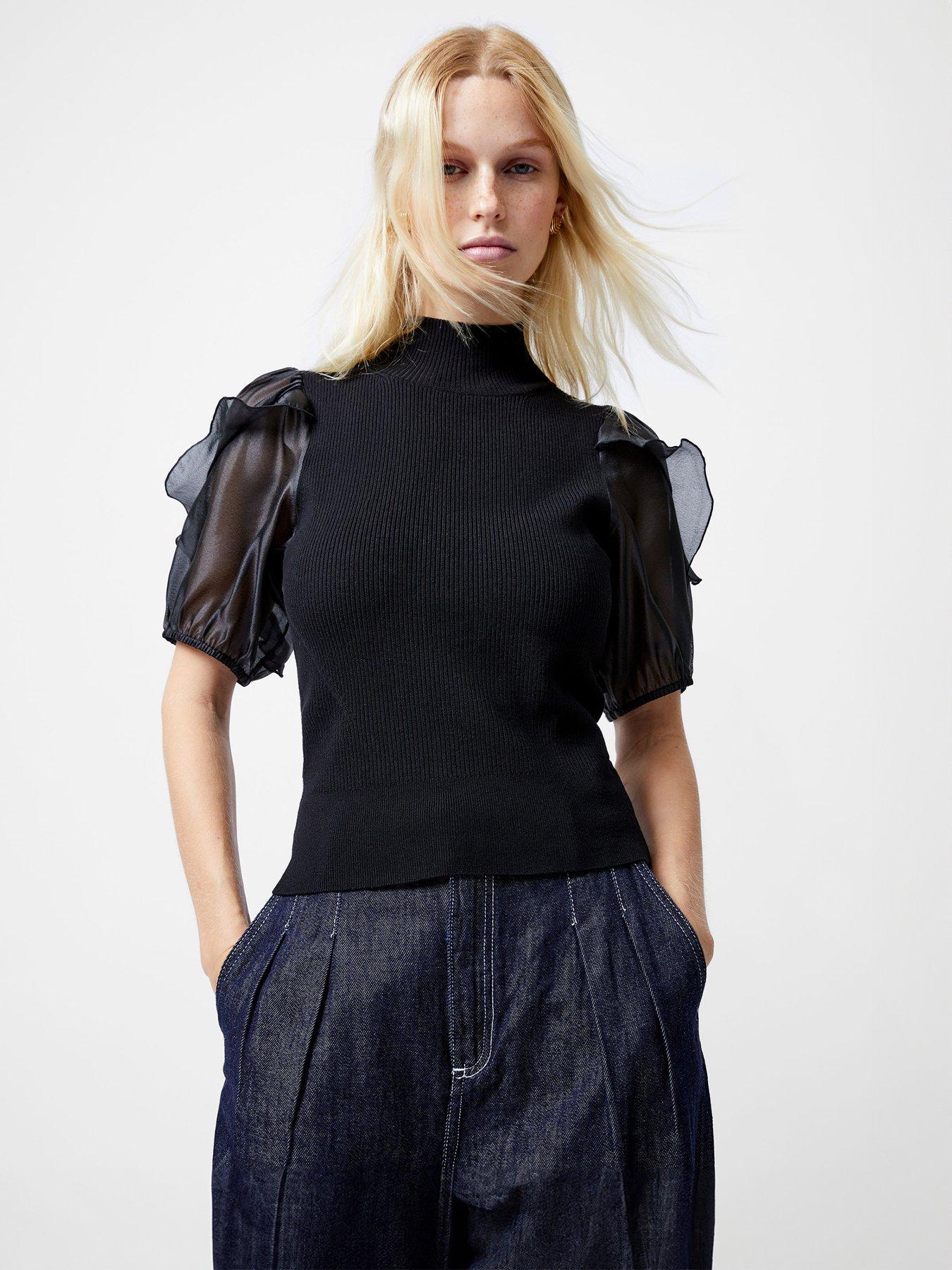 french-connection-high-neck-short-sleeve-organza-ruffle-sleeve-top