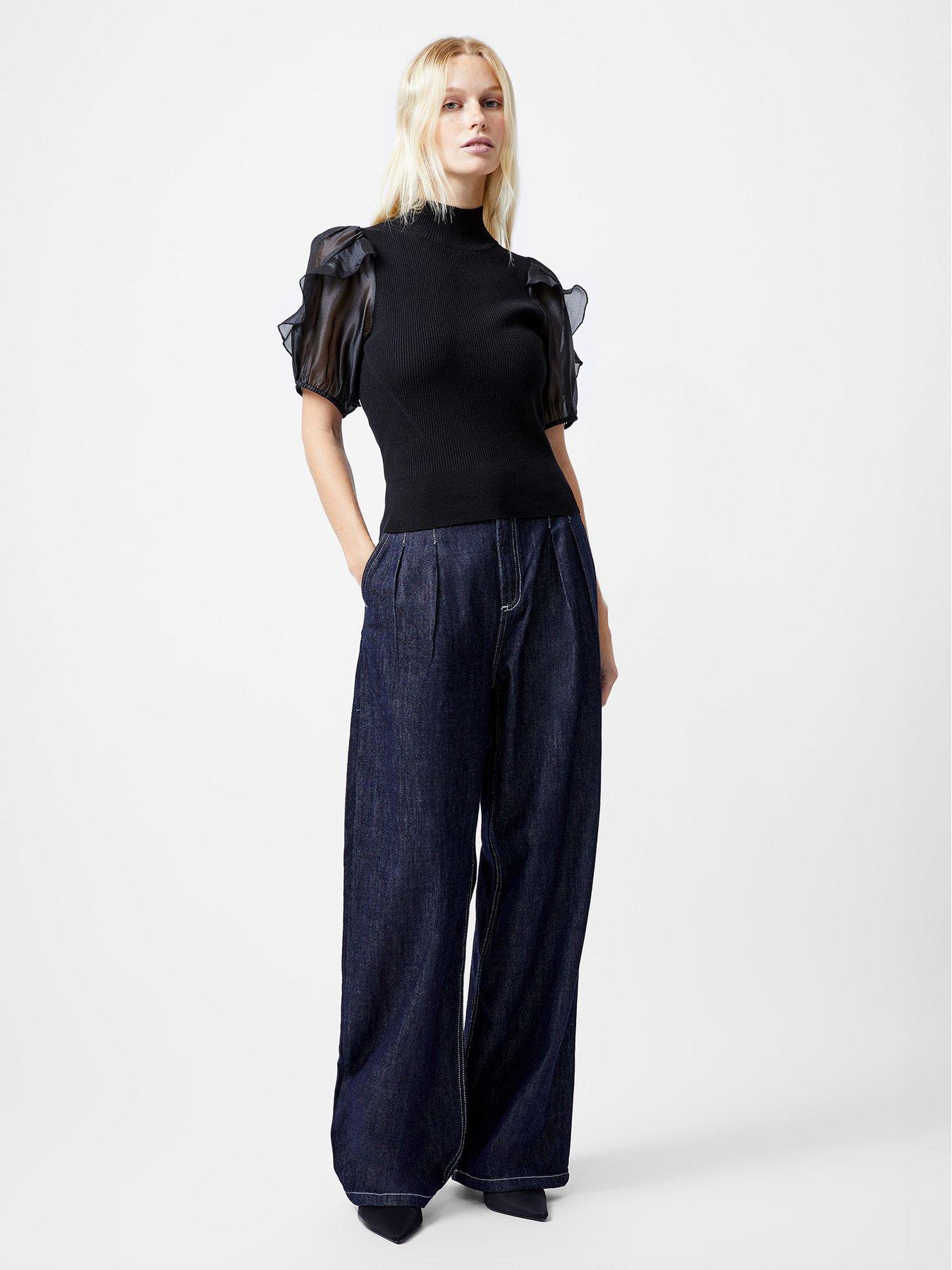  image of french-connection-high-neck-short-sleeve-organza-ruffle-sleeve-top