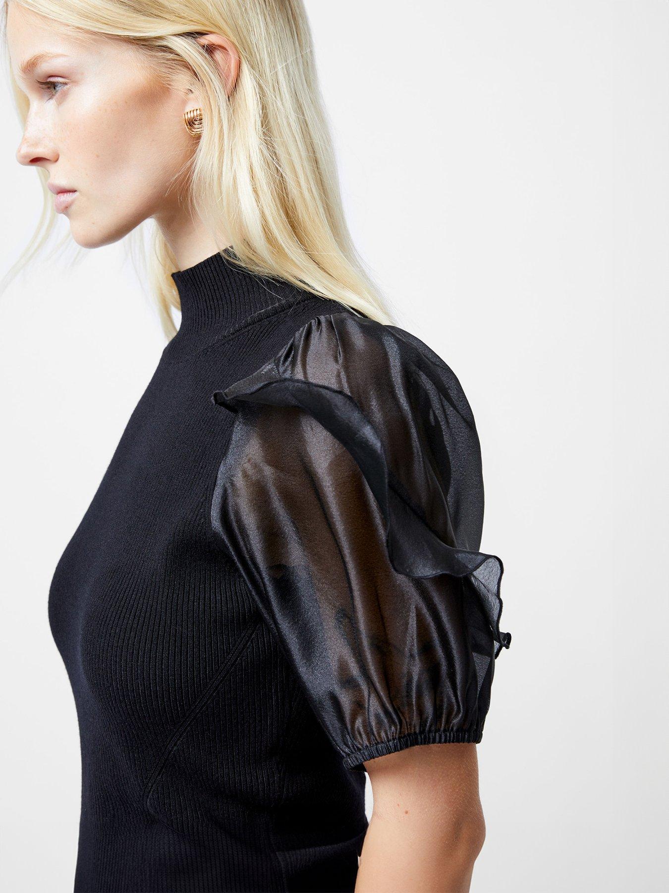 image of french-connection-high-neck-short-sleeve-organza-ruffle-sleeve-top