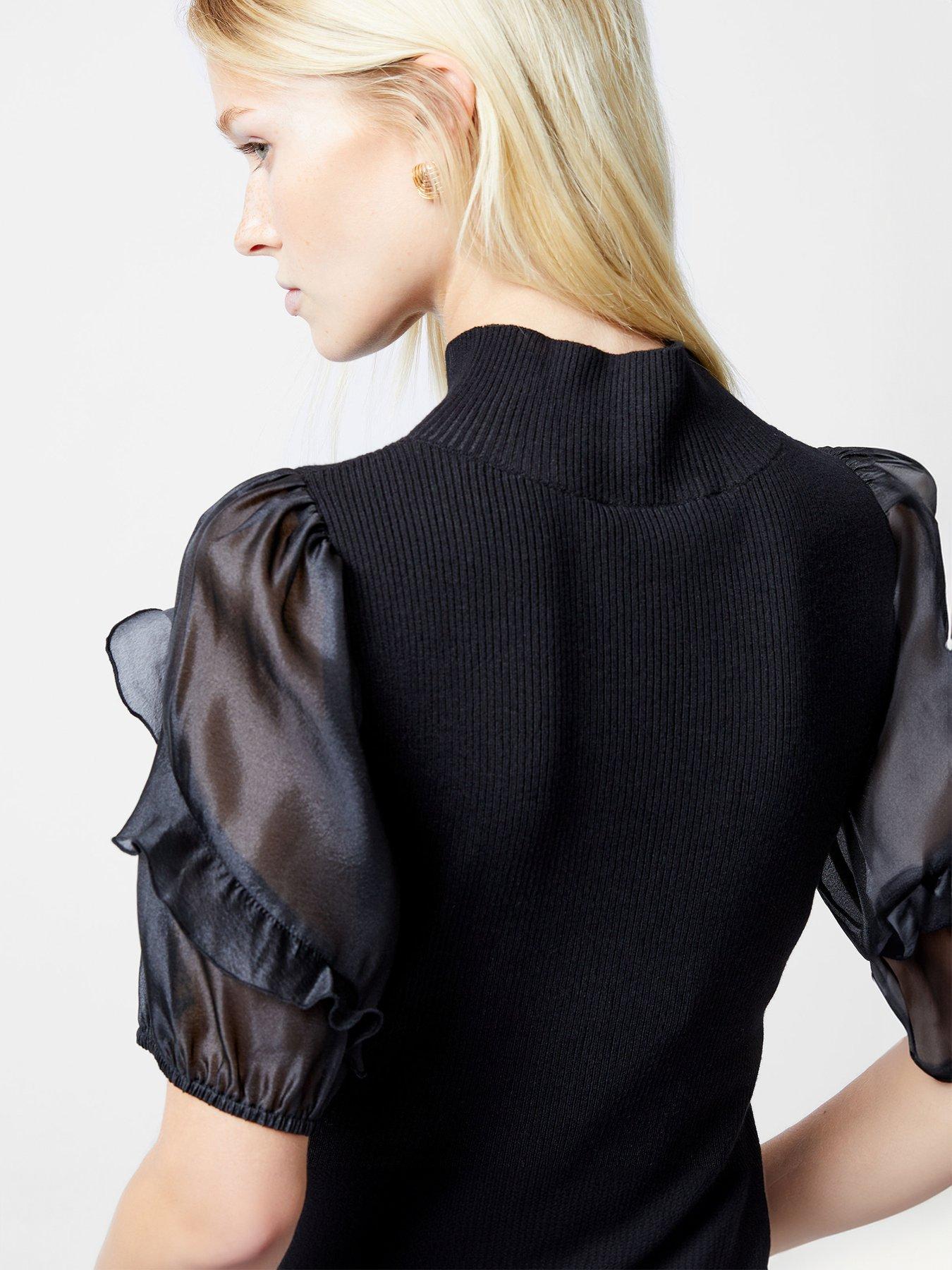  image of french-connection-high-neck-short-sleeve-organza-ruffle-sleeve-top