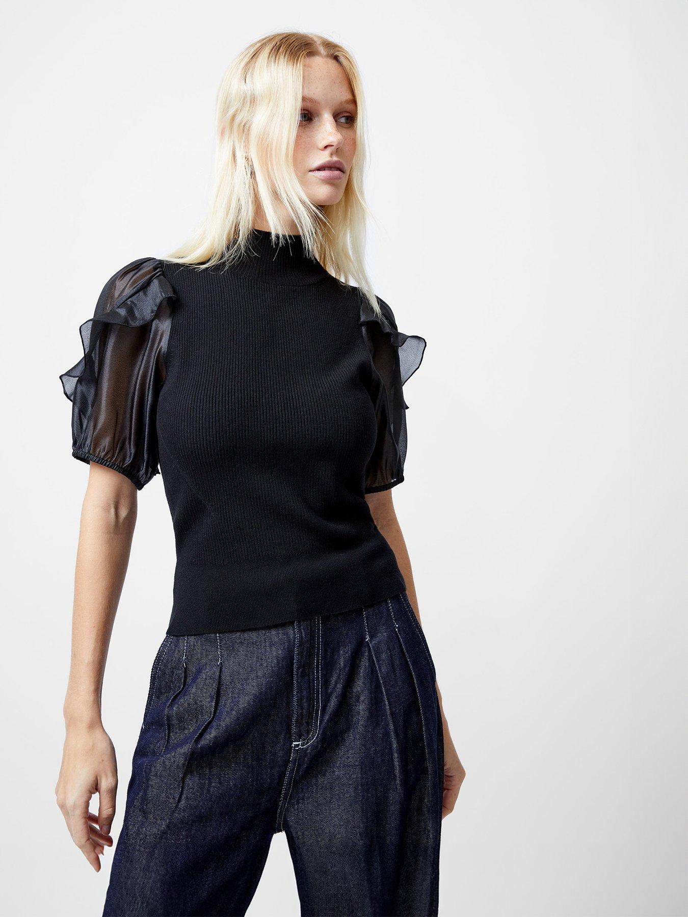  image of french-connection-high-neck-short-sleeve-organza-ruffle-sleeve-top