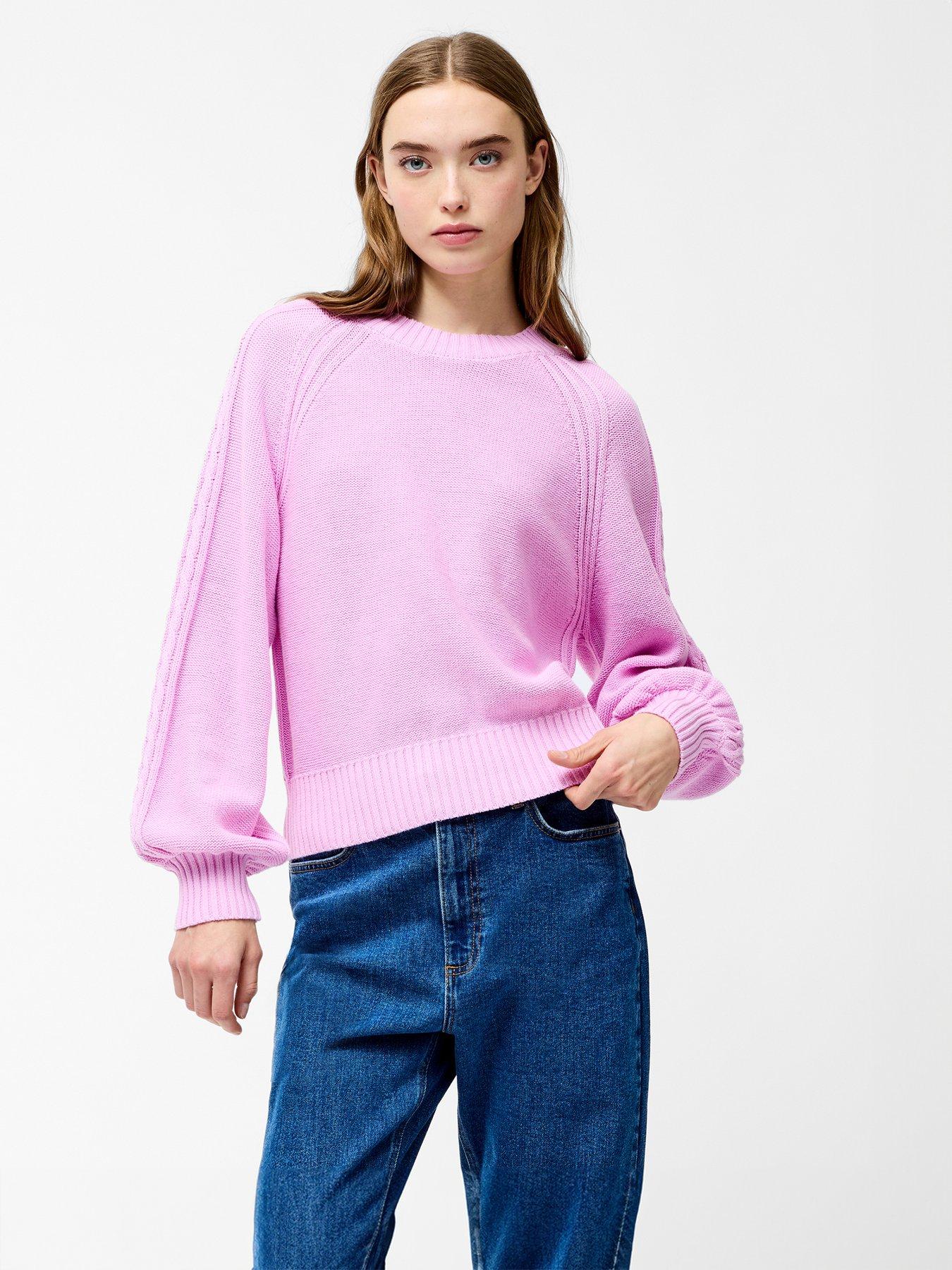  image of french-connection-cable-knit-braided-long-balloon-sleeve-crew-neck-jumper