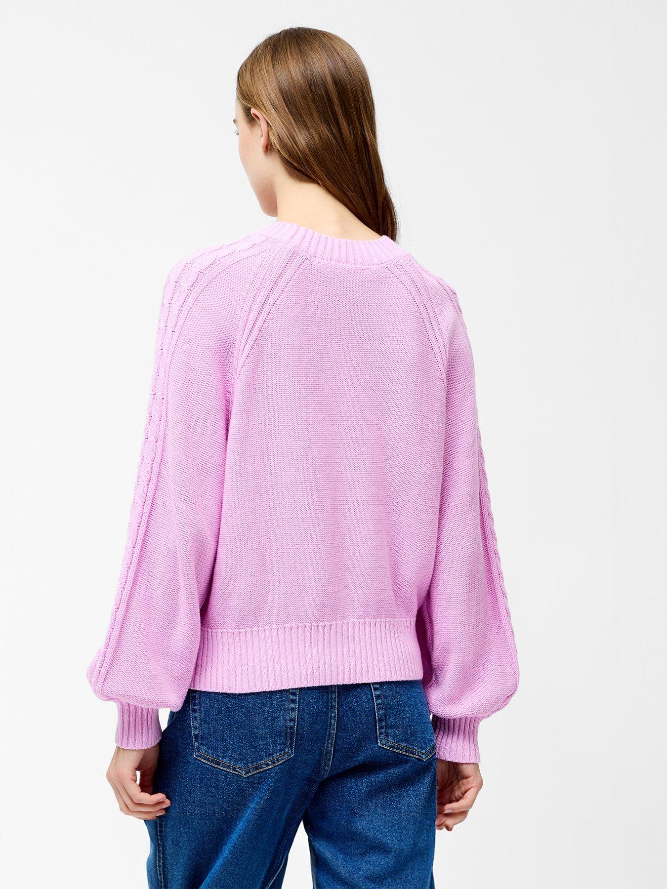 Image 2 of 5 of French Connection Cable Knit Braided Long Balloon Sleeve Crew Neck Jumper - Pink