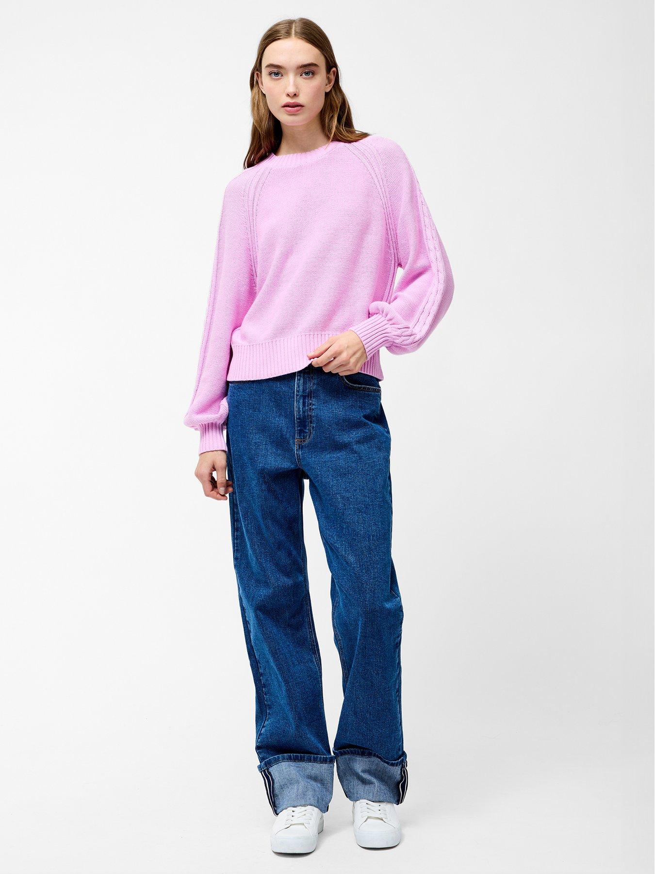  image of french-connection-cable-knit-braided-long-balloon-sleeve-crew-neck-jumper